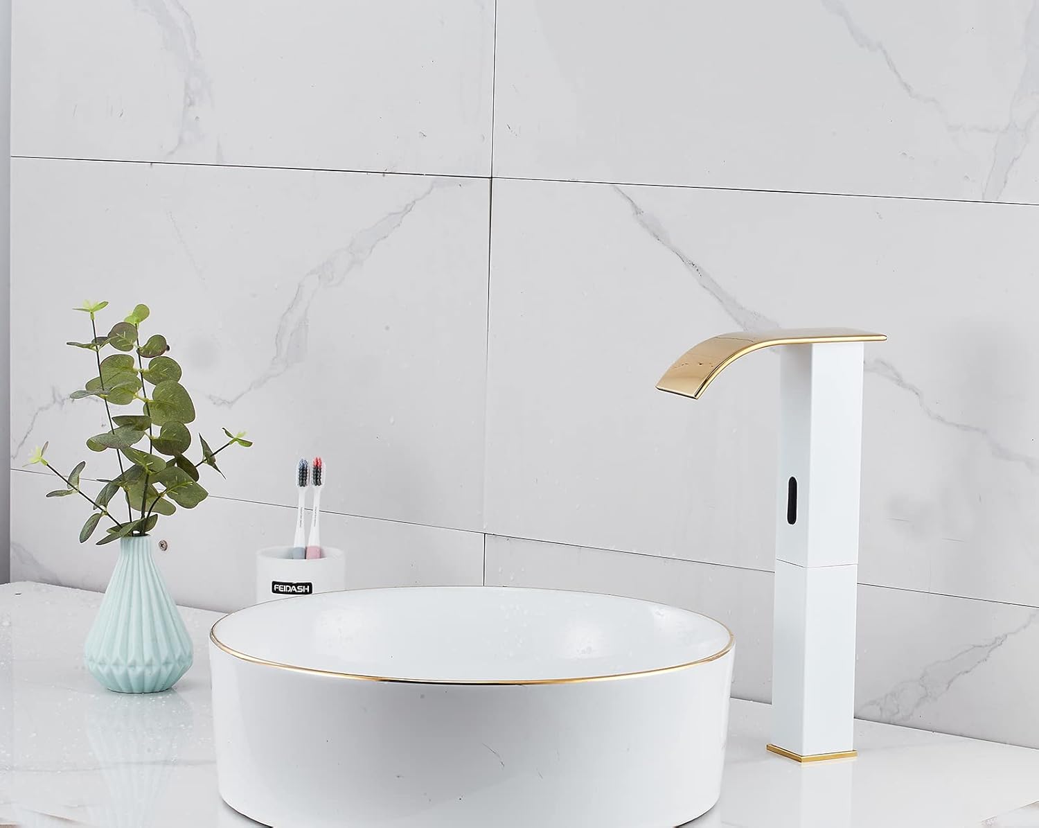 Touchless Bathroom Vessel Faucet Electronic Sensor Automatic Waterfall White Gold Bathroom Faucets Hands Free Water Saving One Hole Bowl Sink Faucet Motion Sensor Lavatory Vanity Faucet Deck Mounted