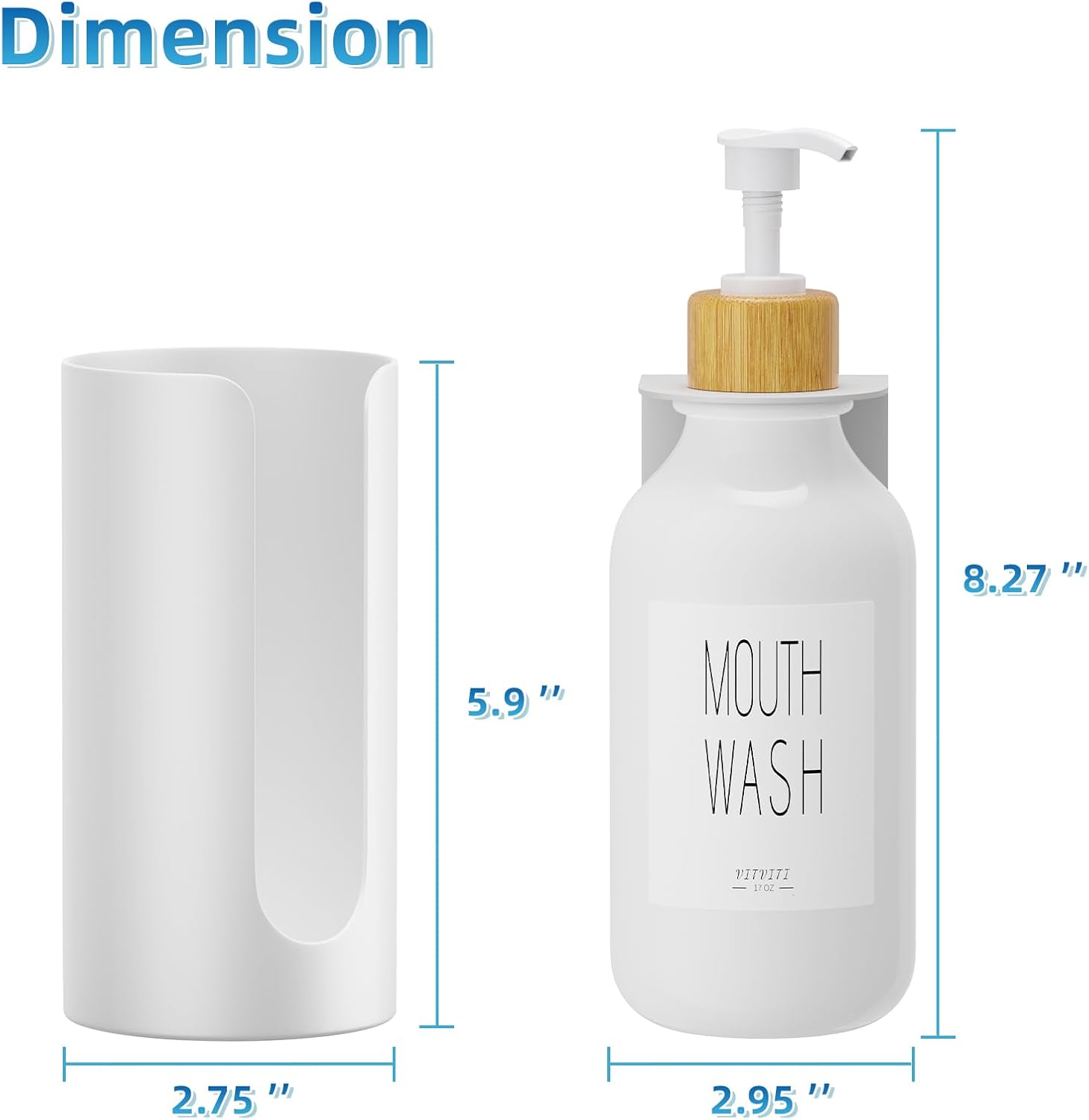 Mouthwash Dispenser for Bathroom, Mouth Wash Dispenser Wall Mounted with Cup Holder, 17OZ Refillable Mouthwash Pump Container, Plastic/Bamboo/Metal, White