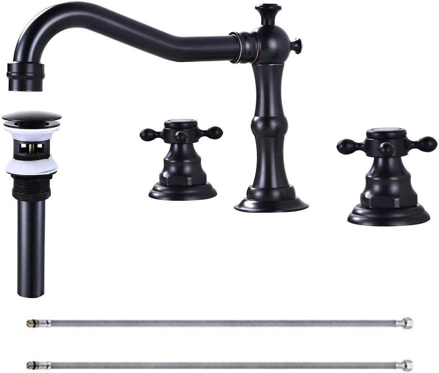 Victorian Bathroom Faucet Widespread 3-Hole Bathroom Sink Faucet Solid Brass 2 Handles Vanity Lavatory Vessel Faucets with Pop Up Drain Assembly (Black)