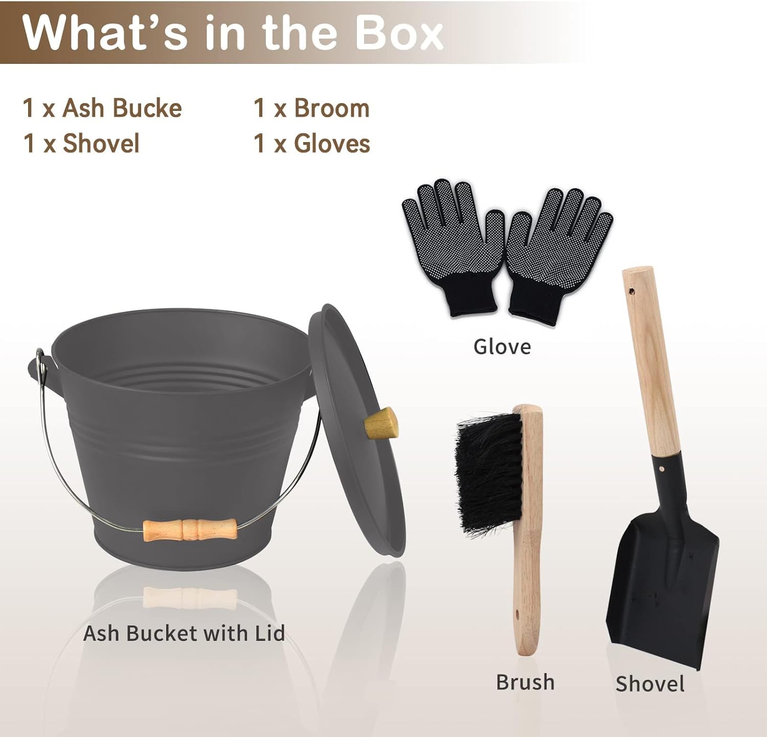 Ash Bucket with Lid, 1.3 Gallon Ash Bucket for Fireplace, Metal Fireplace Bucket for Ashes Includes Shovel and Hand Broom