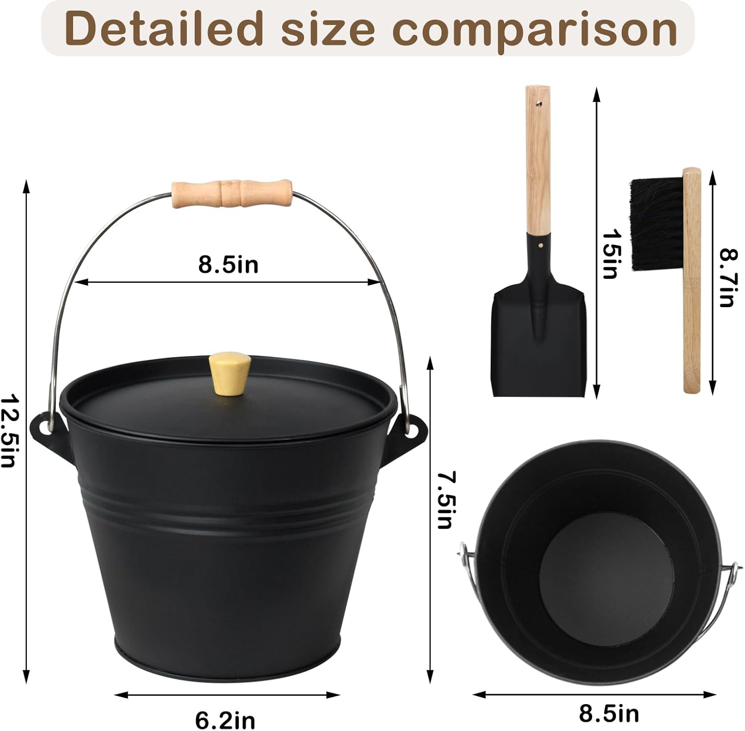 Ash Bucket with Lid, 1.3 Gallon Ash Bucket for Fireplace, Metal Fireplace Bucket for Ashes Includes Shovel