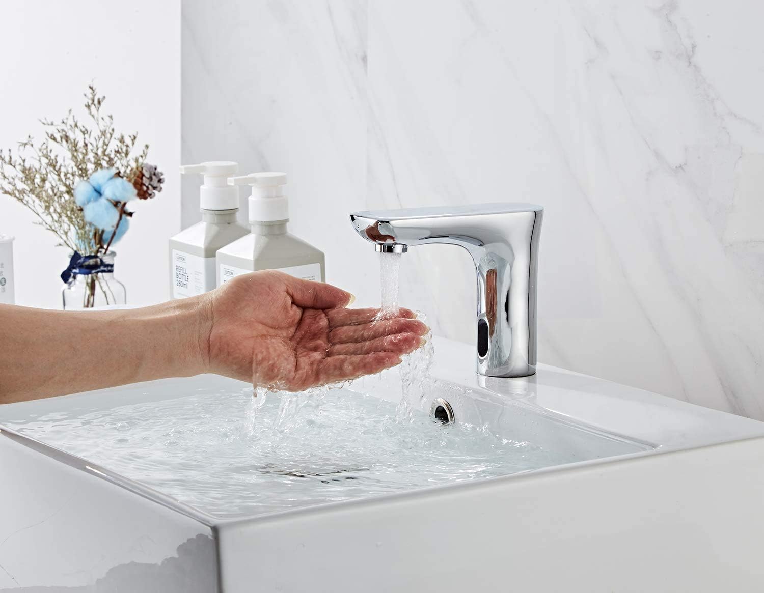 Automatic Sensor Touchless Bathroom Faucet with Hole Cover Plate Dual-Powered Vanity Faucets Chrome Hands Free Water Tap with Control Box and Temperature Mixer Motion Sensor