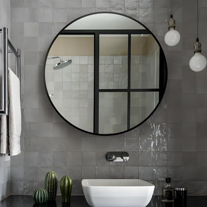 26inch Bathroom Round Mirror,Wall Mounted Vanity Mirror,Steel Frame,Black,Steel Frame