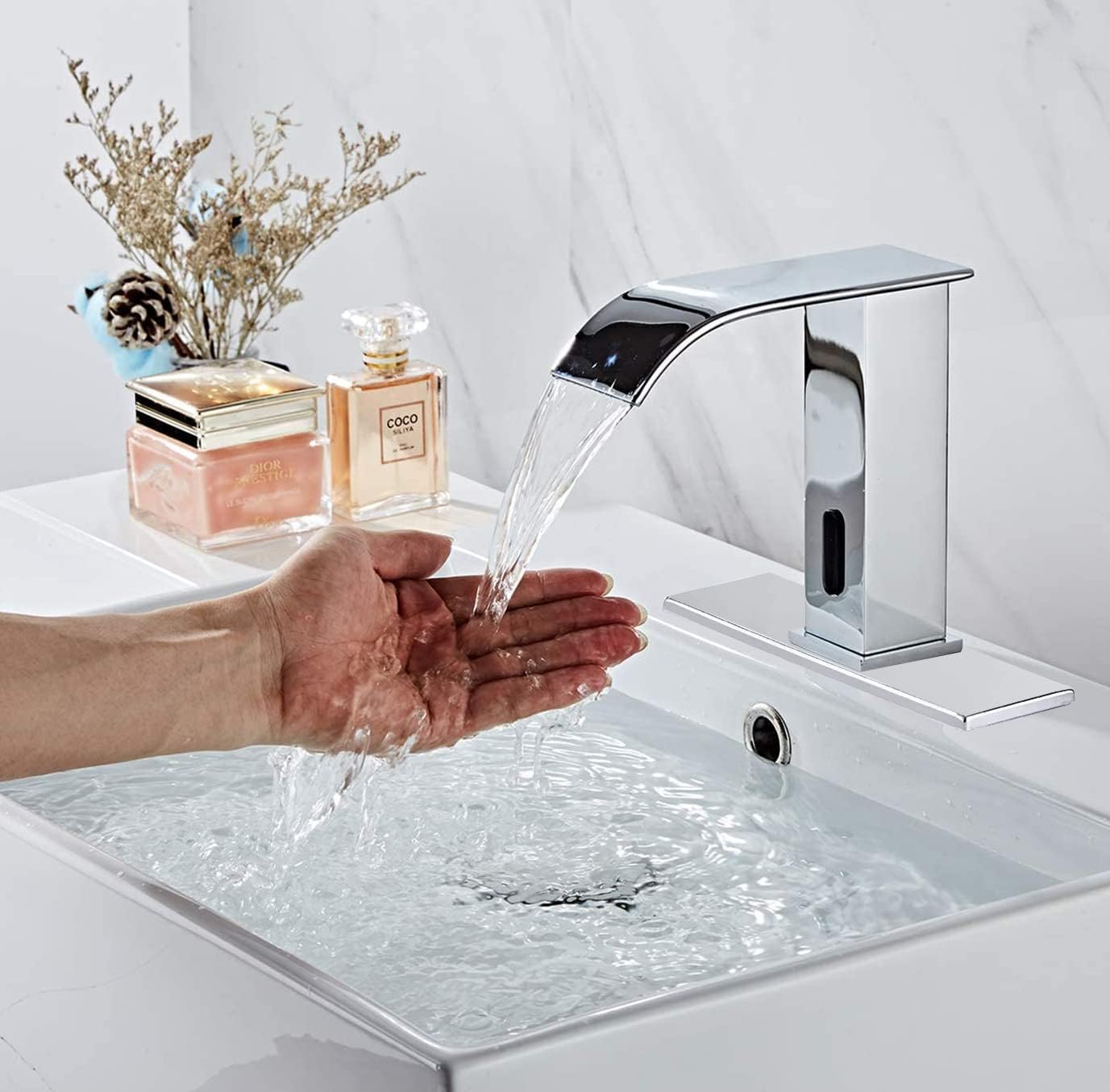 Automatic Touchless Bathroom Faucet Sensor Waterfall Chrome Bathroom Sink Faucet with Pop up Drain Stopper Overflow Electronic Motion Activated Hands-Free Vanity Faucet AC/DC Powered