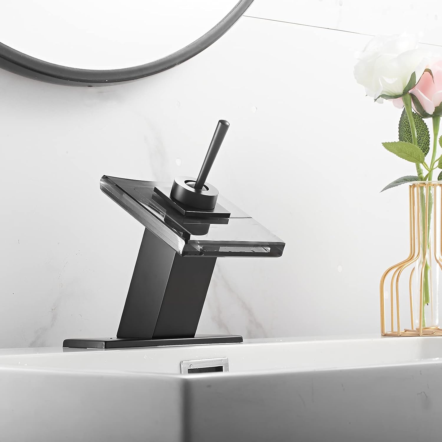 Black Bathroom Sink Faucet with 3-Color Changing LED Light Waterfall Glass Spout Single Handle One Hole Battery Power Lavatory Vanity Faucets Cold and Hot Water Mixer Bath Basin Sink Tap Commercial