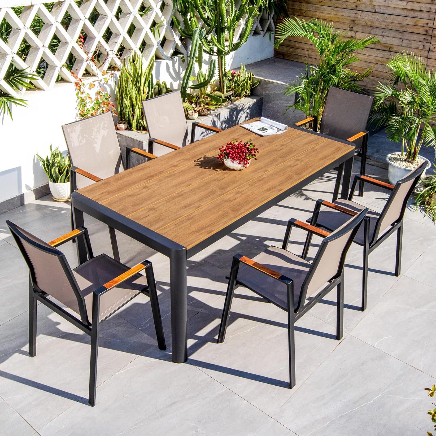 Outdoor Dining Set Square Patio Dining Table and Stackable Textilene Patio Chairs Aluminum Frame Patio Dining Set