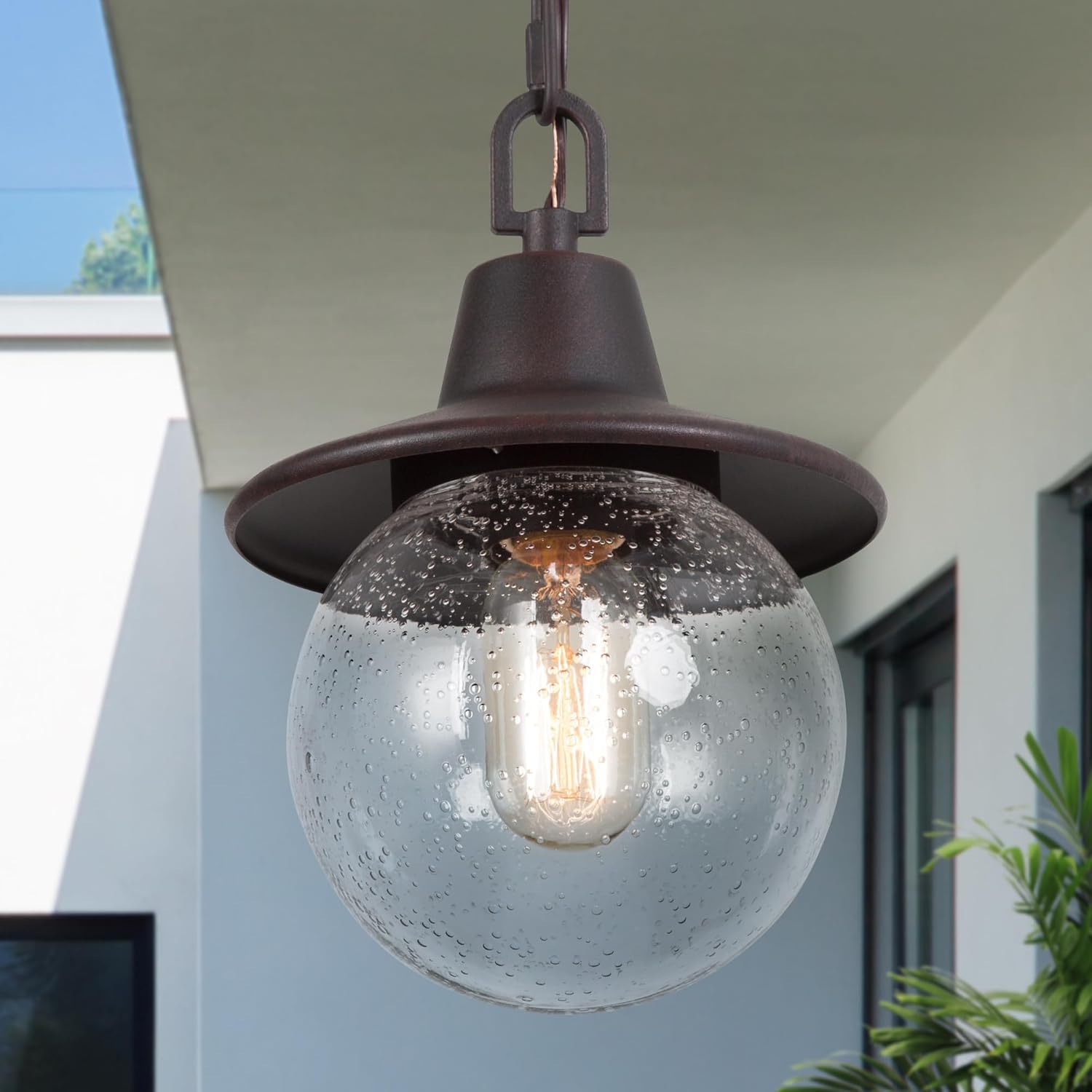 Outdoor Globe Pendant Light Fixture, Farmhouse Exterior Lights with Adjustable Chain, Anti-Rust Ceiling Outdoor Light with Seeded Glass