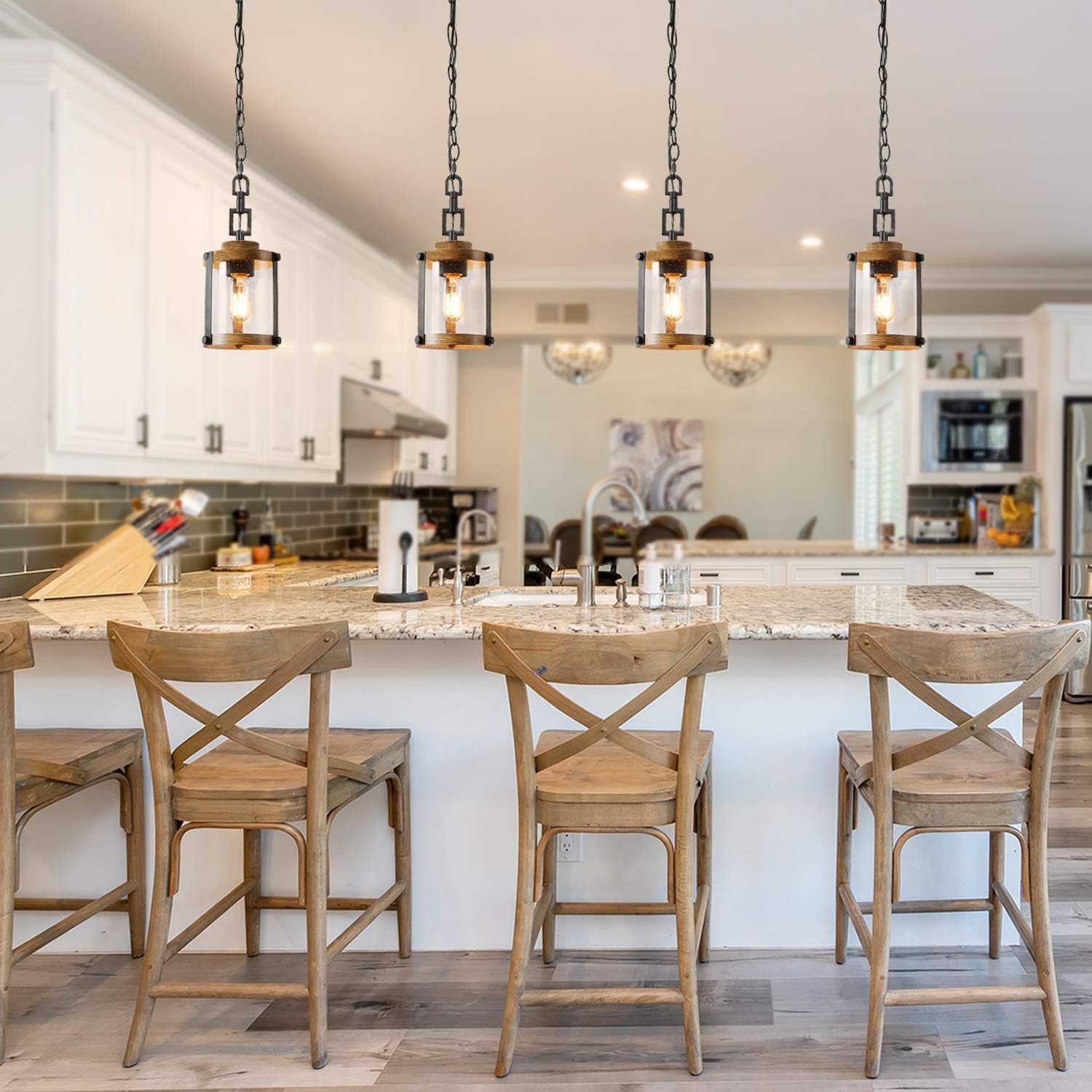 Pendant Lighting for Kitchen Island, Farmhouse Mini Chandelier in Faux Wood Metal with Bubbled Glass Shade