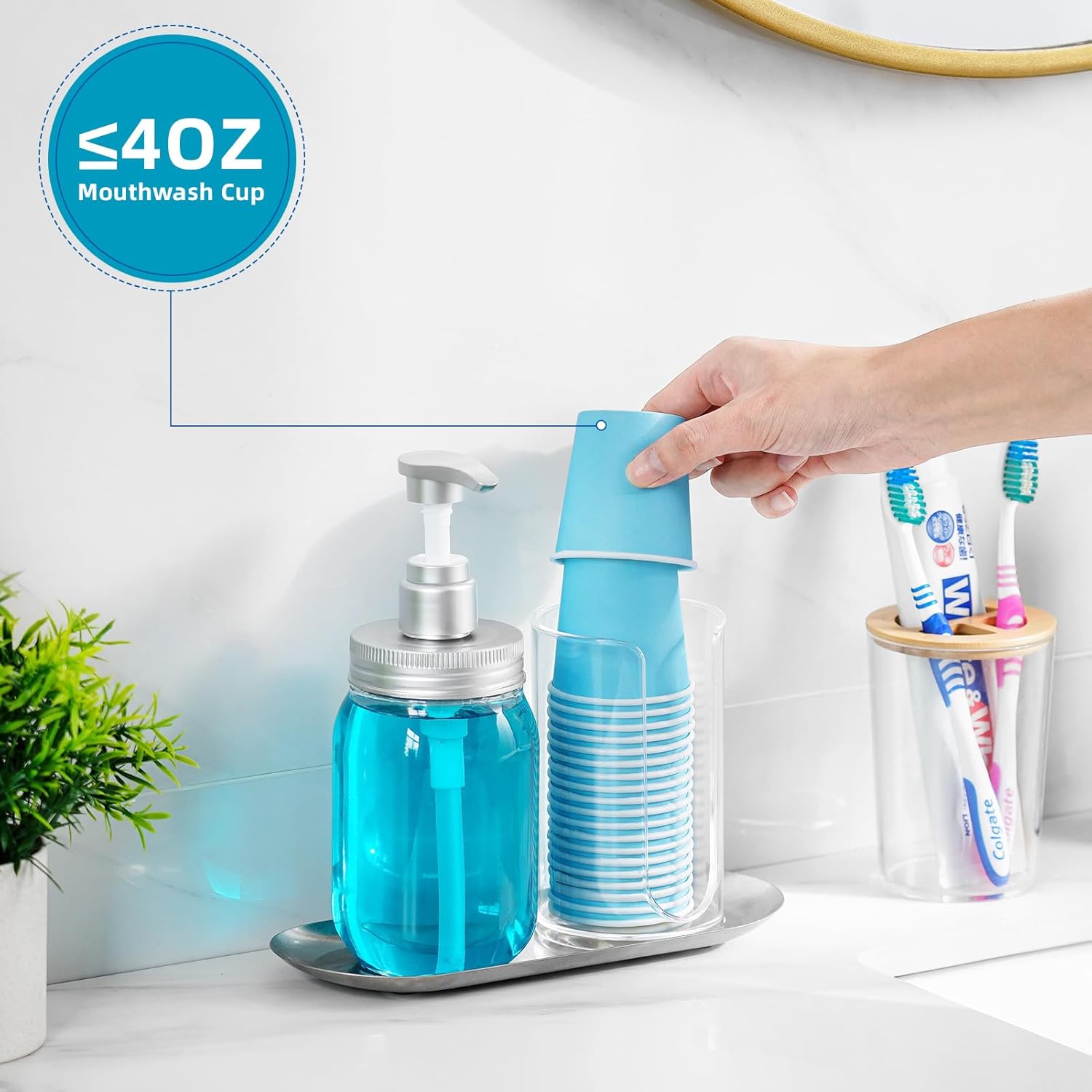 Mouthwash Dispenser for Bathroom, Mouth Wash Pump Bottle with Paper Cup Holder, Plastic 15.2Oz Refillable Clear Mouthwash Container with Stainless Steel Tray