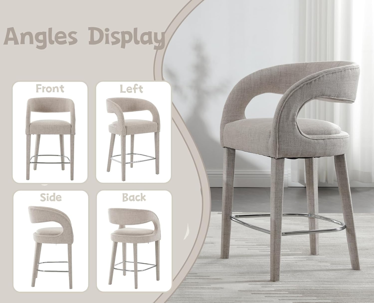 Modern Counter Height Bar Stools Set of 2 Linen Upholstered Counter Stools