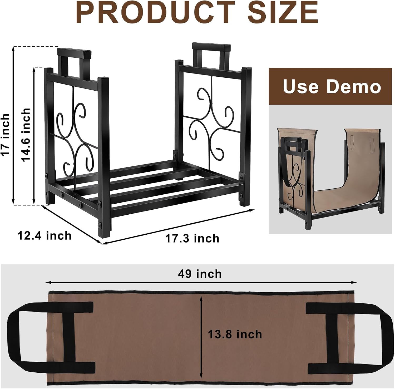 Firewood Rack Indoor Outdoor with Log Carrier Bag, Heavy Duty Metal Firewood Log Holder with Handle Rustproof Fire Wood Storage Racks