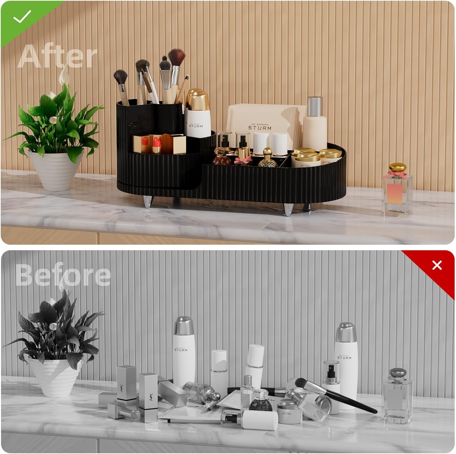 Makeup Organizer Countertop for Vanity, 360 Rotating Cosmetic Makeup Brush Holder Storage, Plastic Large Skincare Display Case Organizer for Lotion, Lipsticks, Perfume (black)