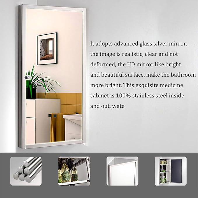 24"" Bathroom Corner Medicine Cabinet W/Mirror, Bathroom Stainless Steel Wall Mount Mirror Cabinet