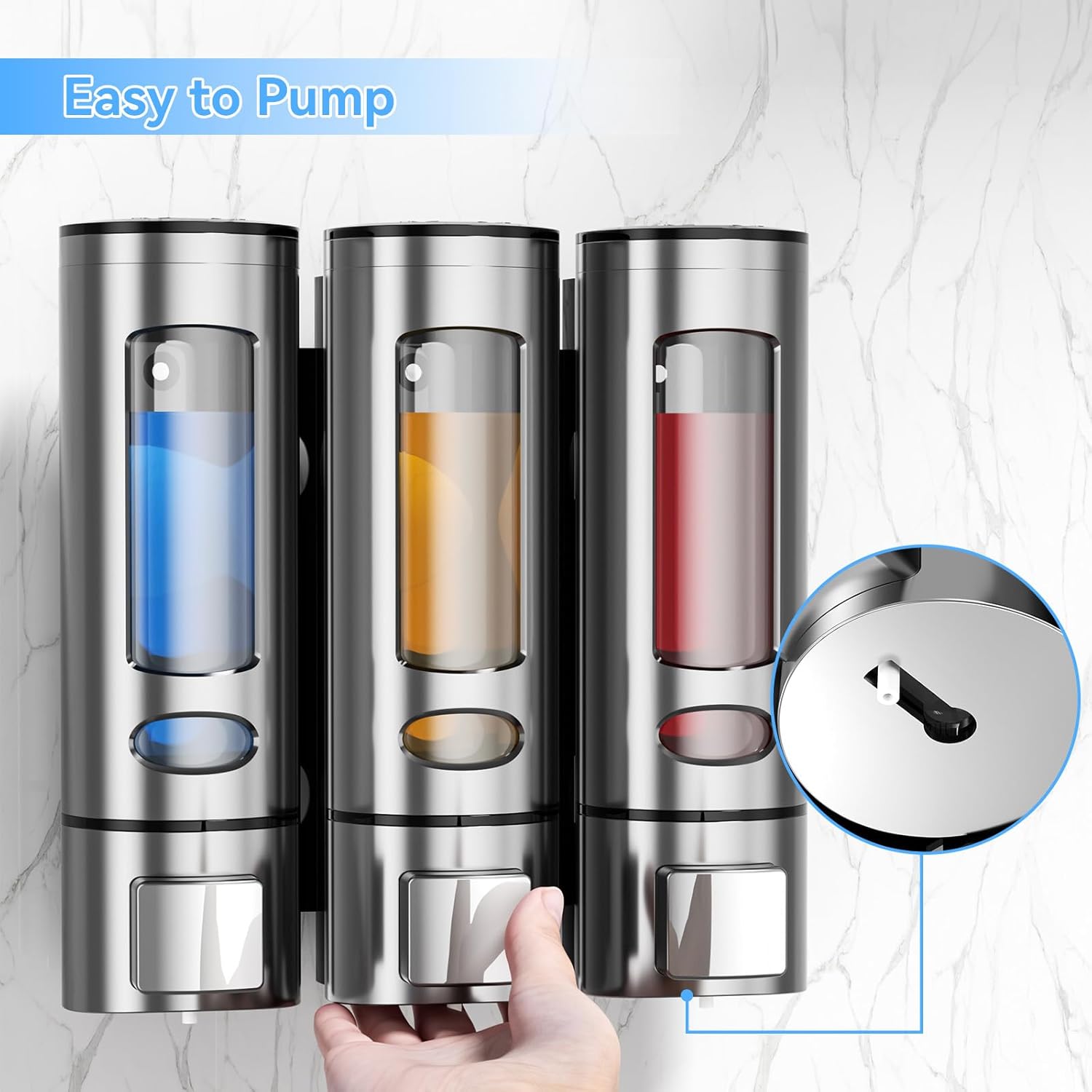 Shampoo and Conditioner Dispenser for Shower, Bathroom Shower Shampoo Soap Dispenser 3 Chamber No Drill, Refillable 10.2 OZ Body Wash Dispenser Bottles Wall Mounted Set, Silver
