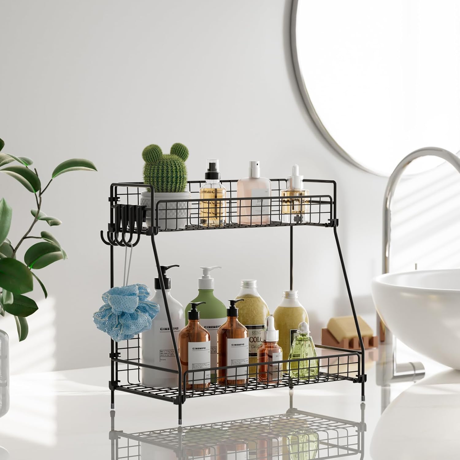 2 Tier Bathroom Organizer Countertop, Metal Wire Bathroom Counter Organizer Storage with Hooks, Vanity Tray Shelf, Kitchen Spice Rack, Black