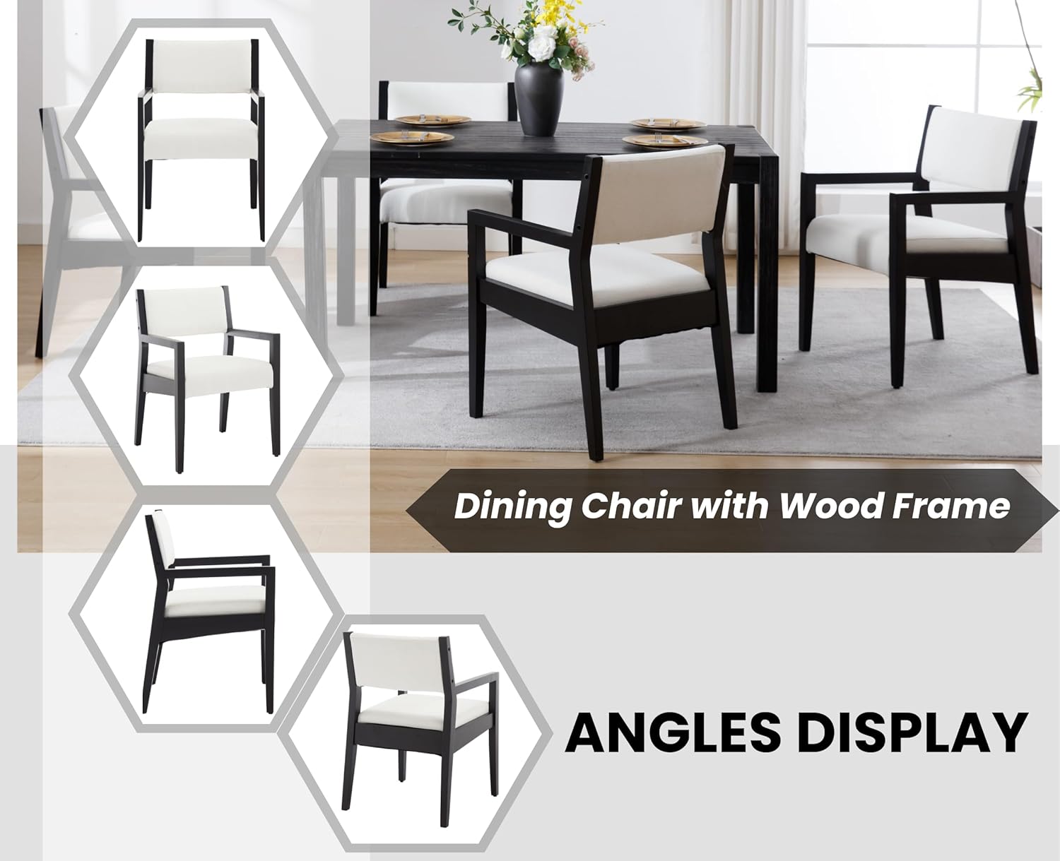 Modern Mid Century Wood Dining Room Chairs with Cane Back Upholstered Linen Kitchen Side Chairs