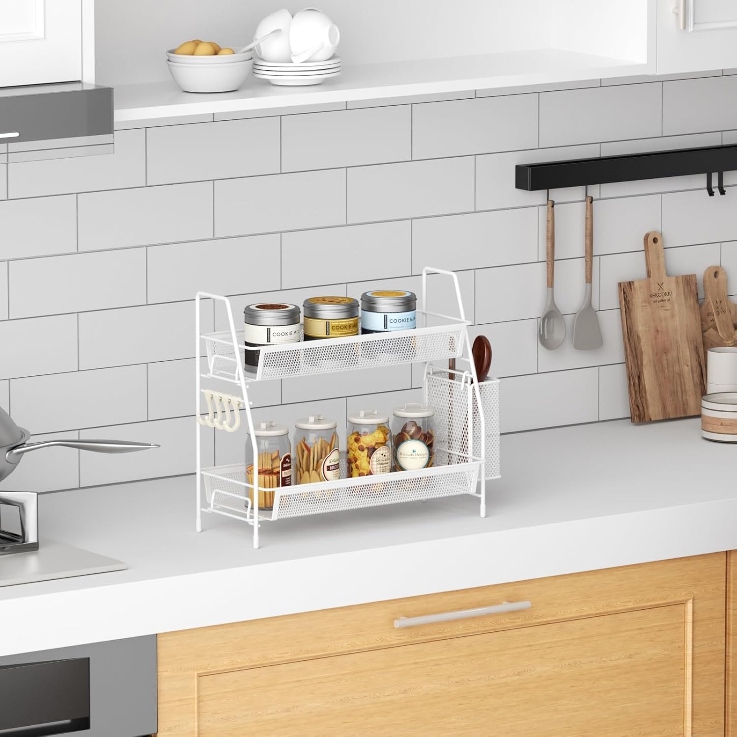 2-Tier Bathroom Organizer Countertop, Metal Wire Mesh Bathroom Counter Organizer Storage with Basket Hooks, Vanity Tray Shelf, Kitchen Spice Rack, White