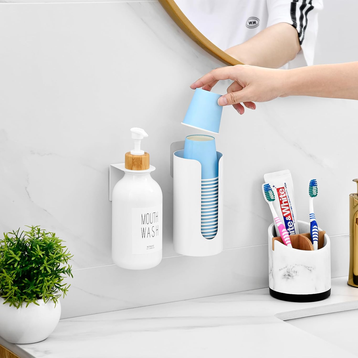 Mouthwash Dispenser for Bathroom, Mouth Wash Dispenser Wall Mounted with Cup Holder, 17OZ Refillable Mouthwash Pump Container, Plastic/Bamboo/Metal, White