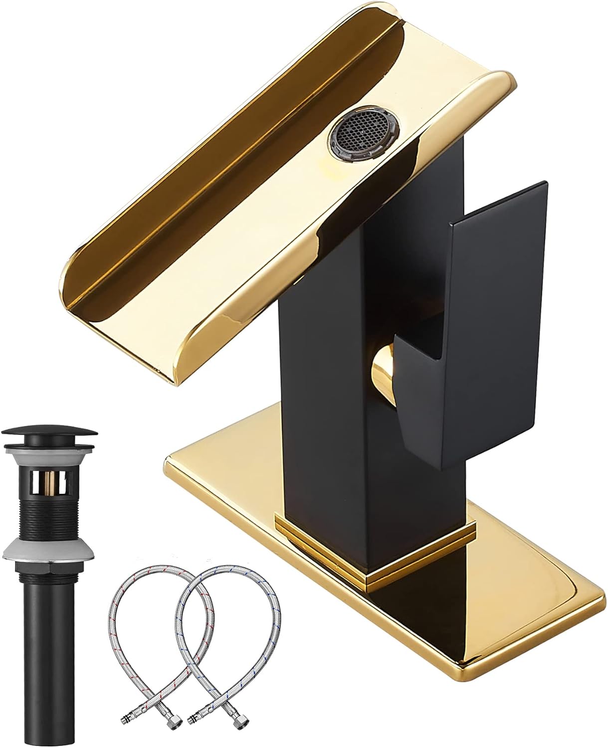 Bathroom Faucet Black Waterfall Gold Spout Single Handle for Sink 1-3 Hole 4 inch Deck Plate Pop Up Drain Stopper Overflow Lavatory Vanity Basin Tap Supply Lines Farmhouse Luxury Bath Faucets Brass