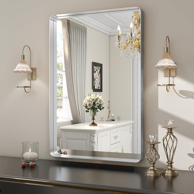 Silver Bathroom Mirror for Wall, 30x22 Inch Rectangular Aluminum Alloy Framed Mirror, Modern Wall Mounted Vanity Mirror