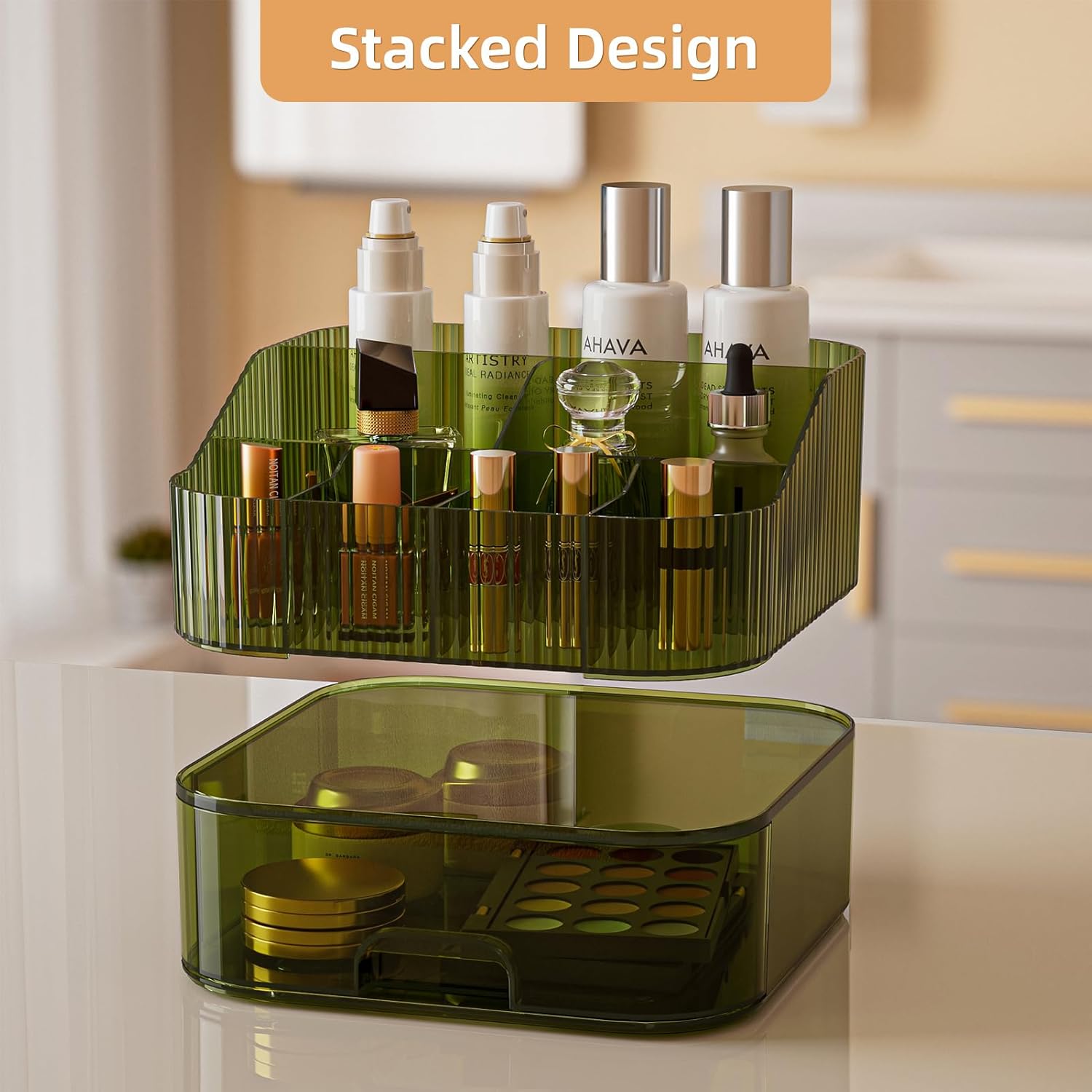 Makeup Organizer Countertop for Vanity, Stackable Dresser Make up Organizer with Drawers, Dark Green Plastic Bathroom Cosmetics Skincare Organizer for Perfume, Lipstick, Lotion
