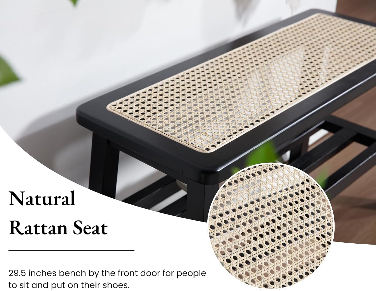 Rattan Entryway Bench with Storage Wood Shoe Rack Bench Farmhouse 2 Tier Storage Shoe Bench Mid Century Small Window Bench with Cane Seat