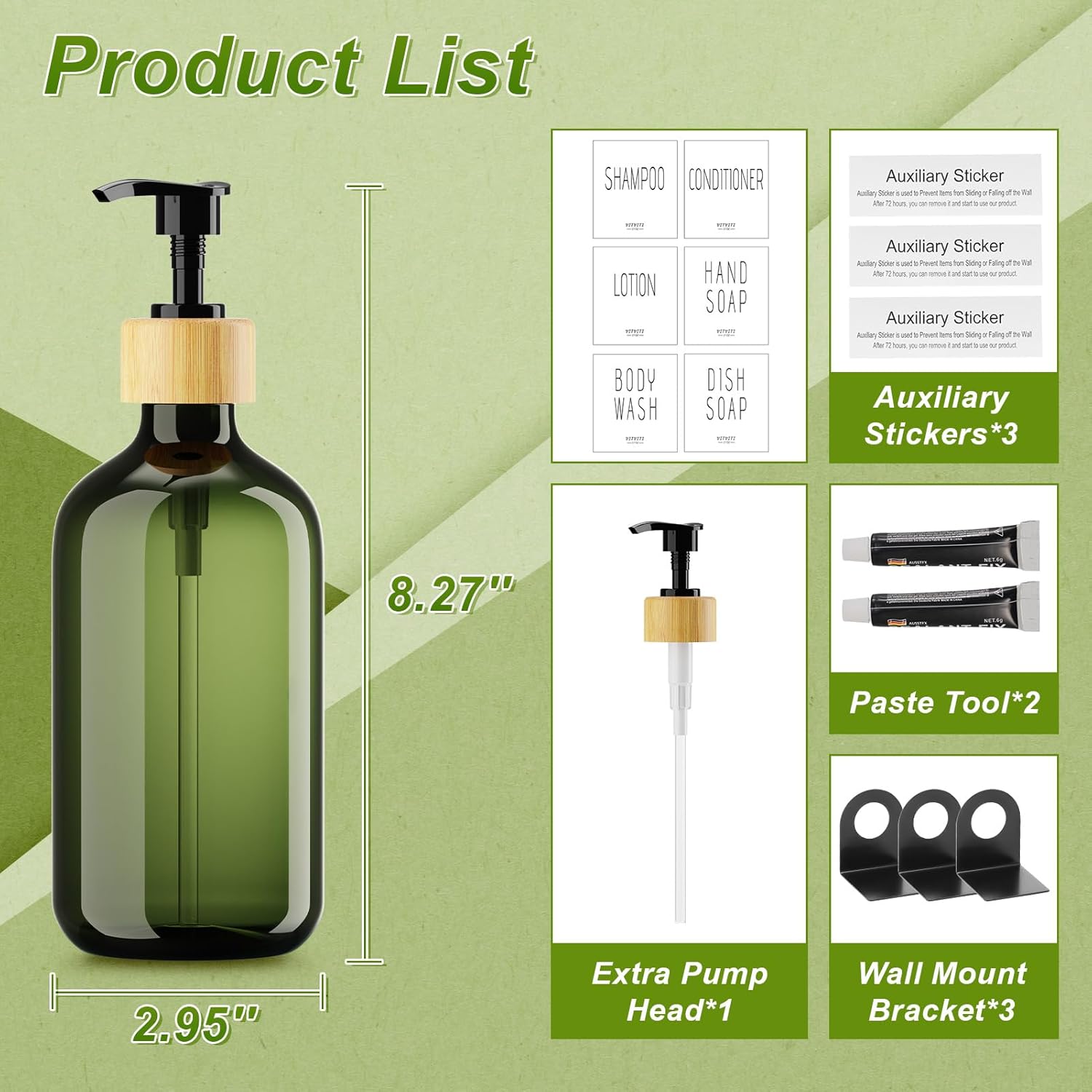 Shampoo and Conditioner Dispenser, Body Wash Shower Soap Dispenser Wall Mounted 3 Chamber, Drill Free 17oz Plastic Shower Bottles for Bathroom, Dark Green 3 Sets