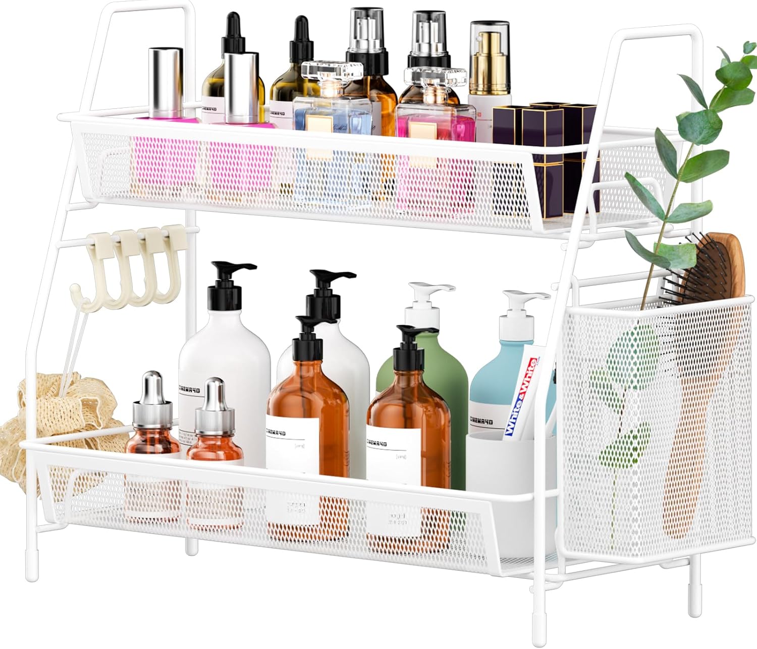 2-Tier Bathroom Organizer Countertop, Metal Wire Mesh Bathroom Counter Organizer Storage with Basket Hooks, Vanity Tray Shelf, Kitchen Spice Rack, White