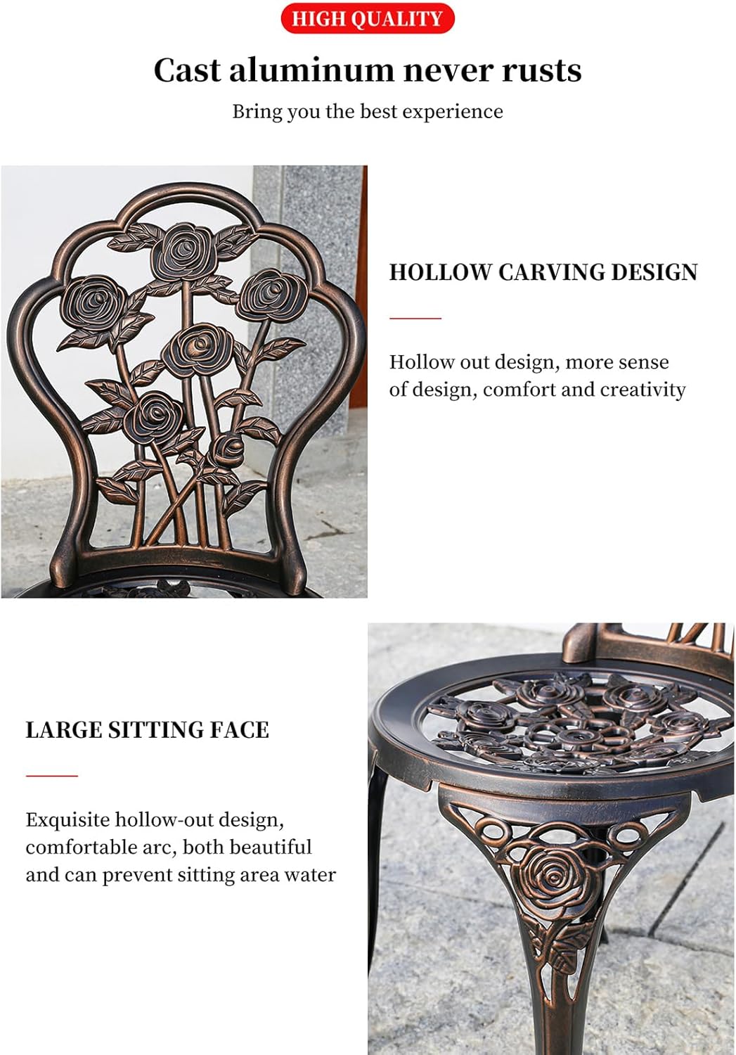 3-Piece Outdoor Patio Bistro Set Rose Design Rust-Resistant Cast Aluminum Table and Chairs with Umbrella Hole