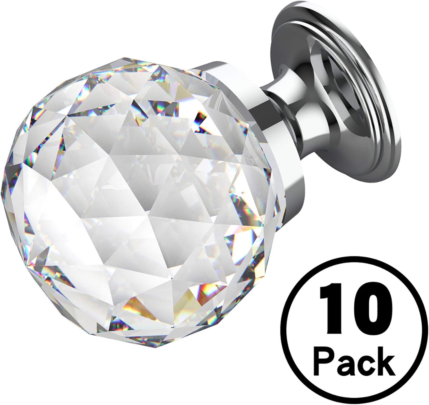 10 Pack Clear Crystal with Chrome Plated Drawer Knobs, 1-1/5 Inch(30mm) Cabinet Knobs Round Diamond Crystal Knobs for Drawers