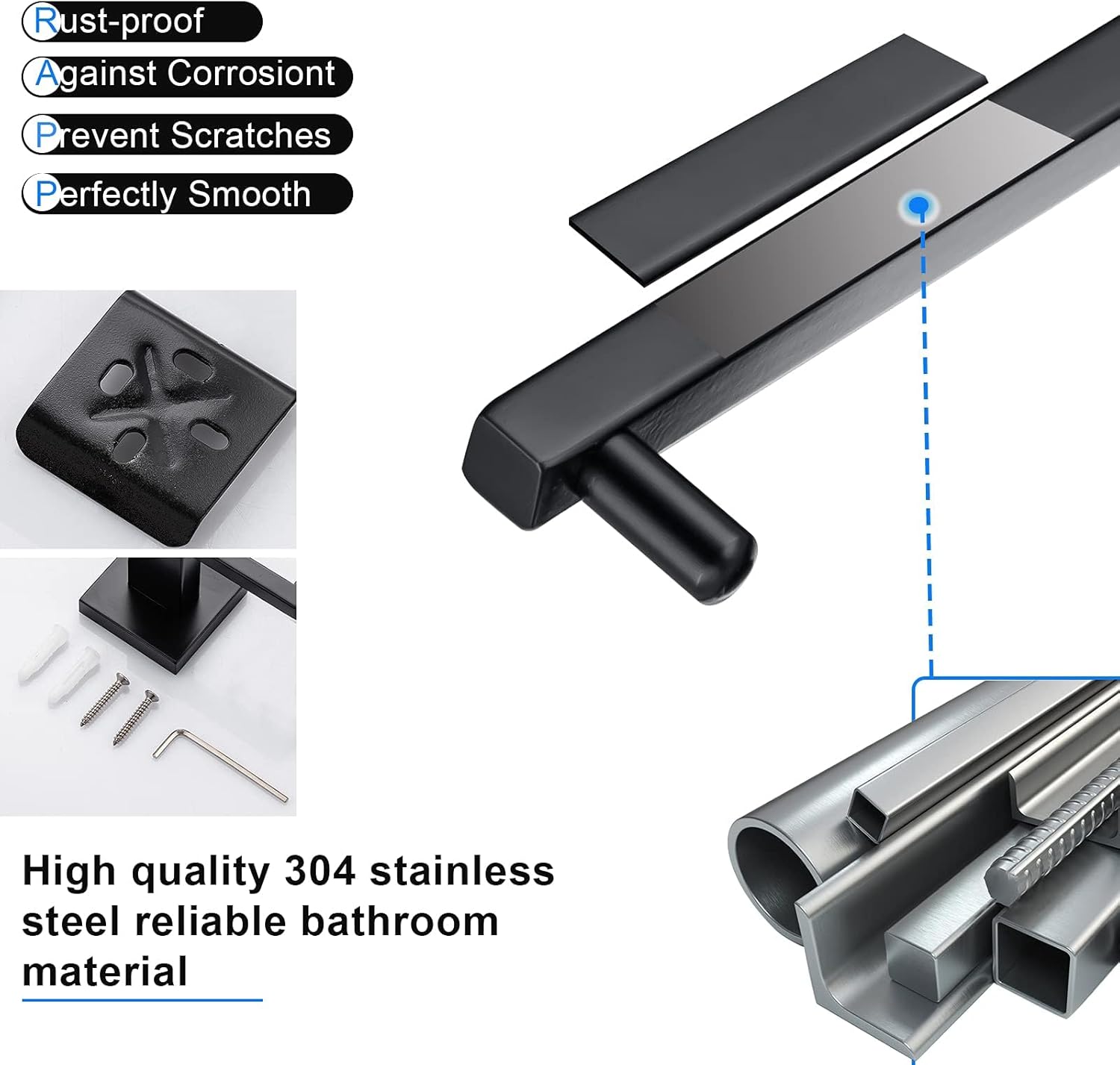 5 Pieces Black Bathroom Accessorie Set Black Towel Bar Set Towel Holder Set for Bathroom,Wall Mounted Stainless Steel Bathroom Hardware Set,23.6 Inch