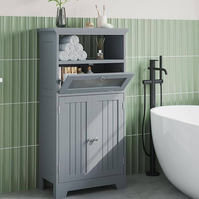 Bathroom Floor Storage Cabinet with Flip Glass Drawer, Bathroom Cabinets Freestanding with 2 Doors Adjustable Shelf & 1 Open Storage