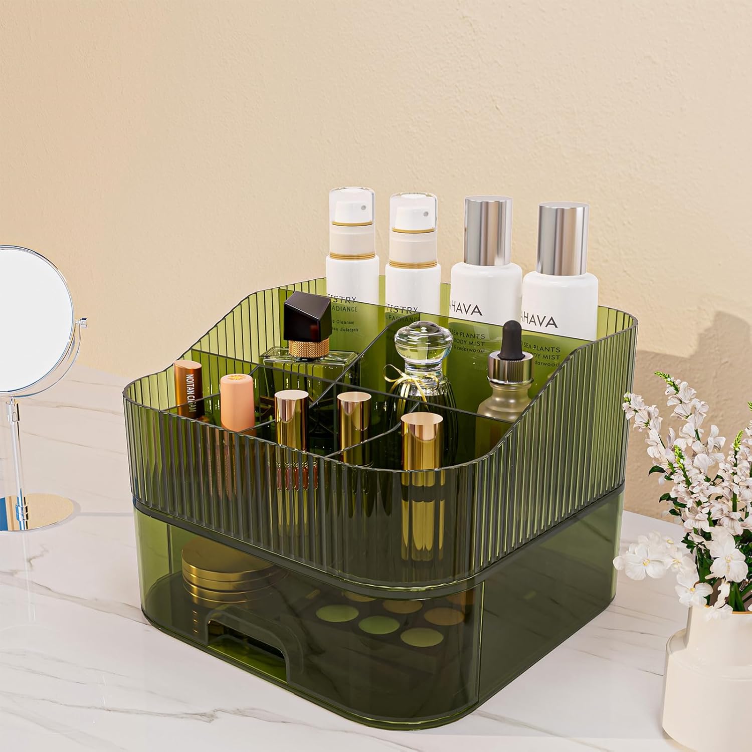 Makeup Organizer Countertop for Vanity, Stackable Dresser Make up Organizer with Drawers, Dark Green Plastic Bathroom Cosmetics Skincare Organizer for Perfume, Lipstick, Lotion