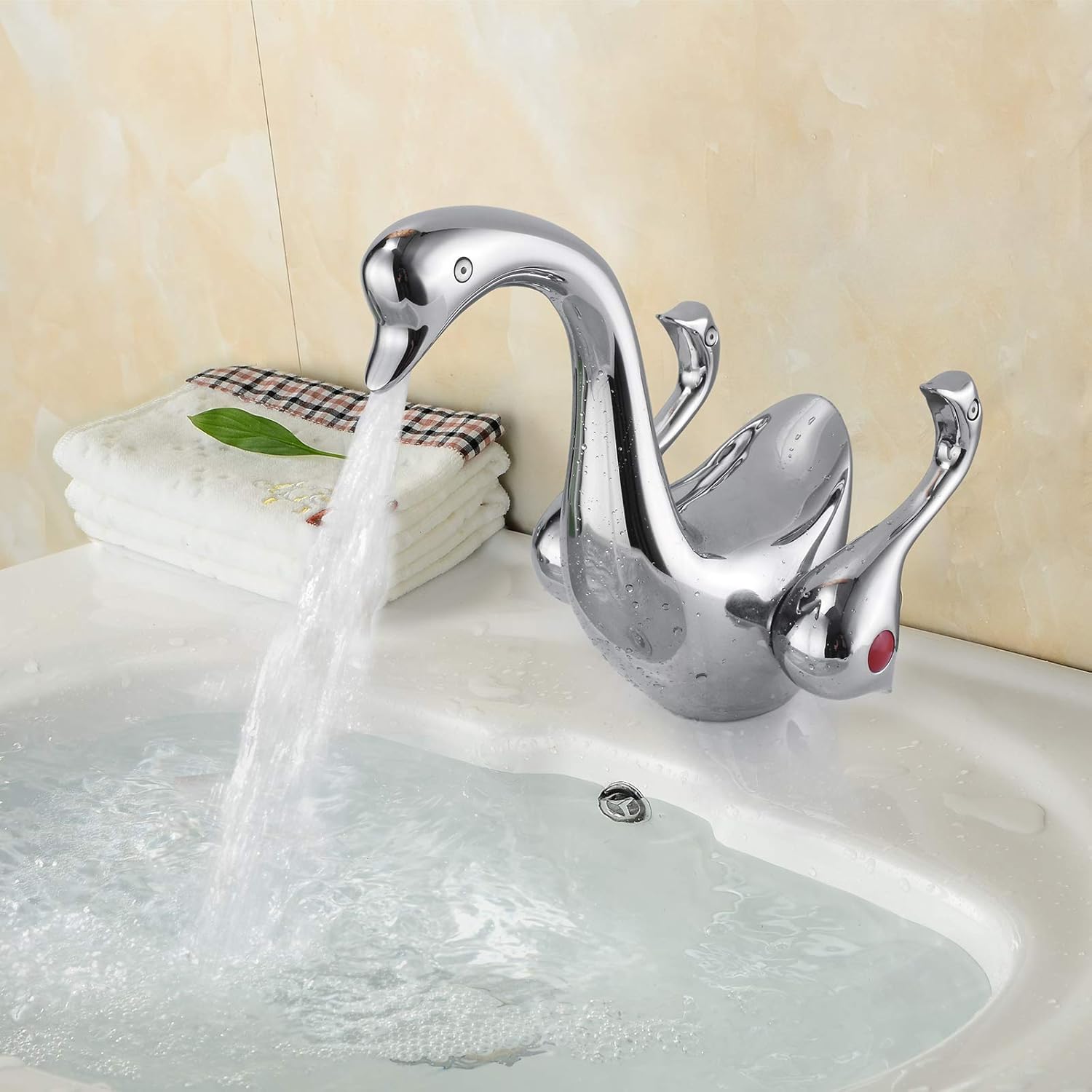 Bathroom Sink Faucet Chrome Dual Handles Lever Swan Duck Goose-Neck Waterfall One Hole Bath Lavatory Basin Mixer Tap Deck Mount Supply Line Commercial