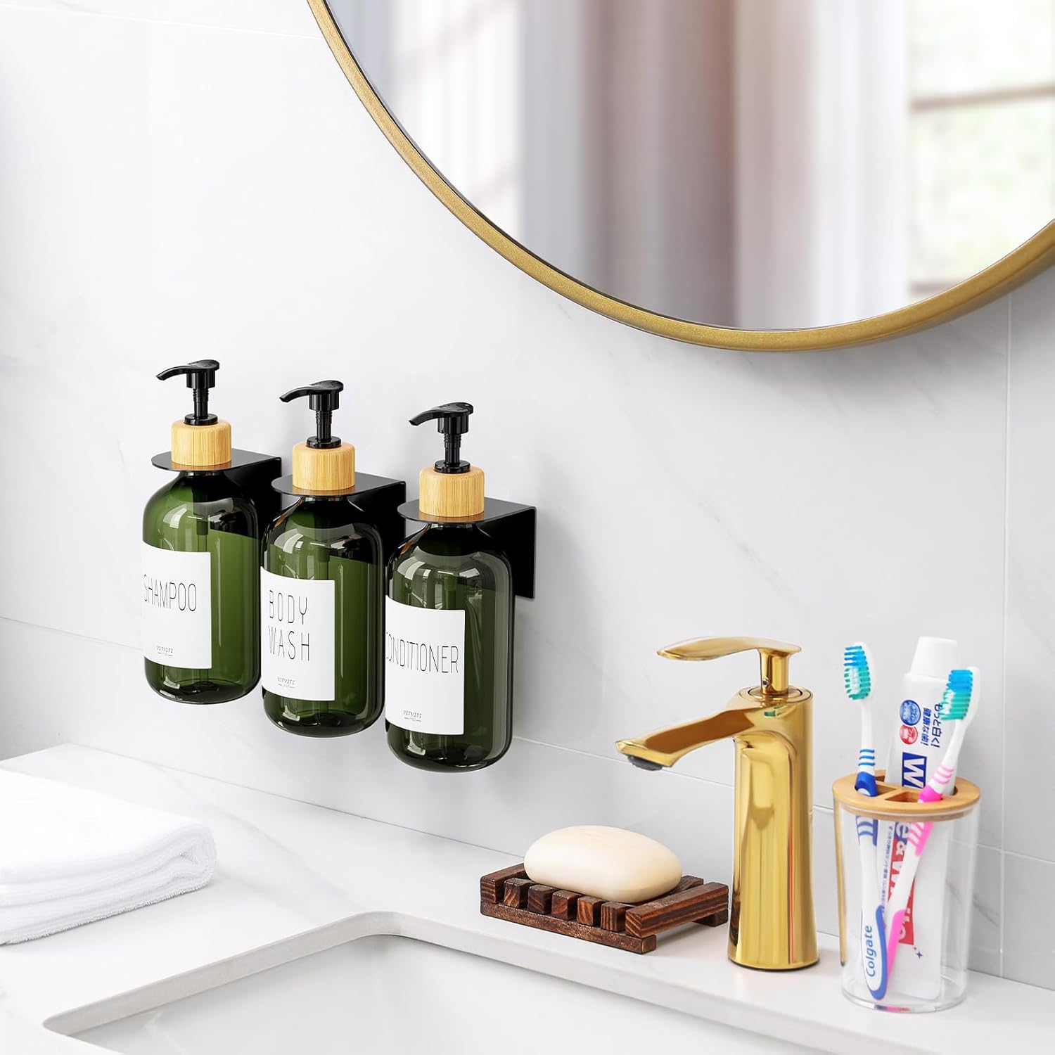 Shampoo and Conditioner Dispenser, Body Wash Shower Soap Dispenser Wall Mounted 3 Chamber, Drill Free 17oz Plastic Shower Bottles for Bathroom, Dark Green 3 Sets