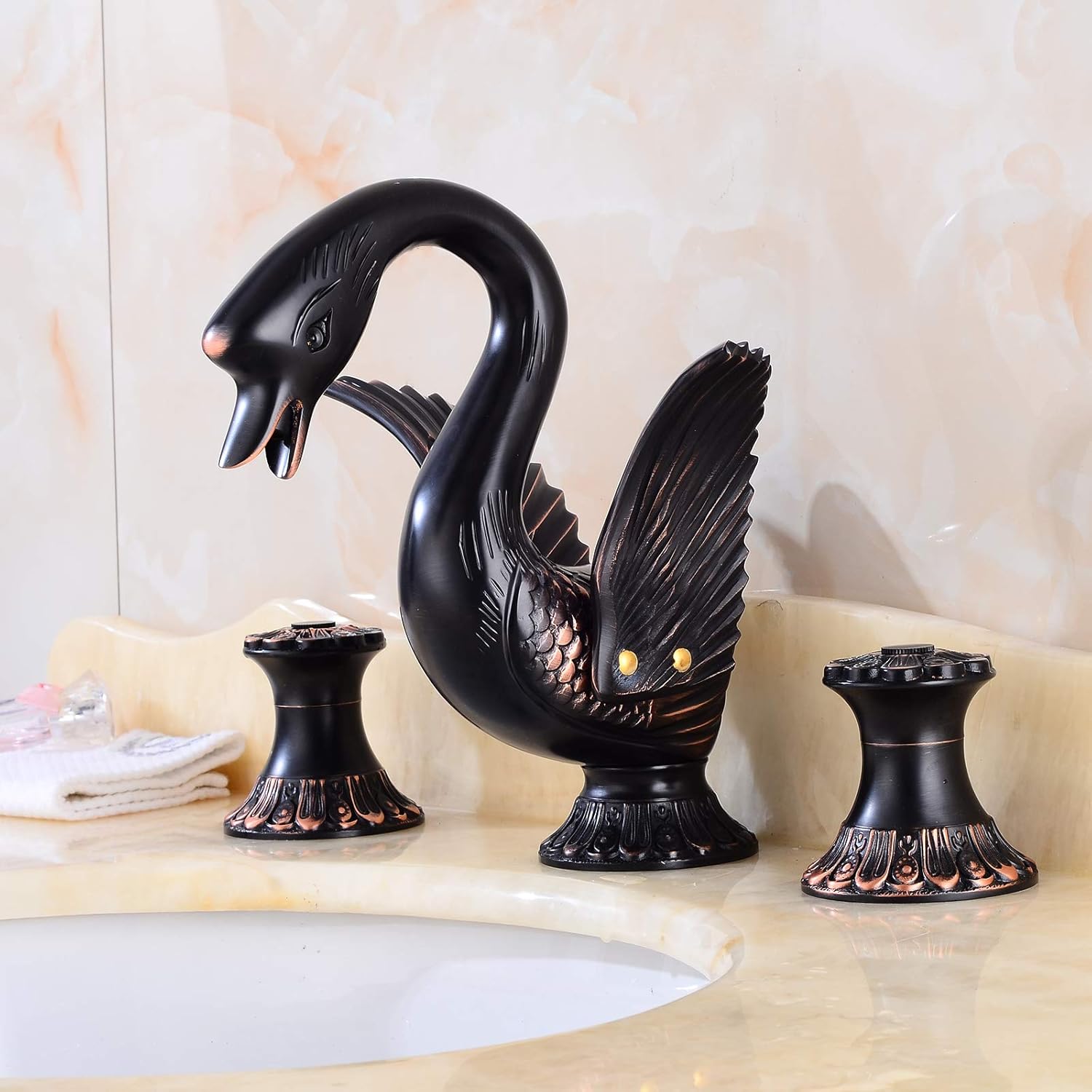 Swan Widespread Bathroom Faucet Oil Rubbed Bronze Two Handles 3 Holes 8-16 Inch Bathroom Sink Faucet Lavatory Mixer Tap with Water Supply Hose Luxury Commercial