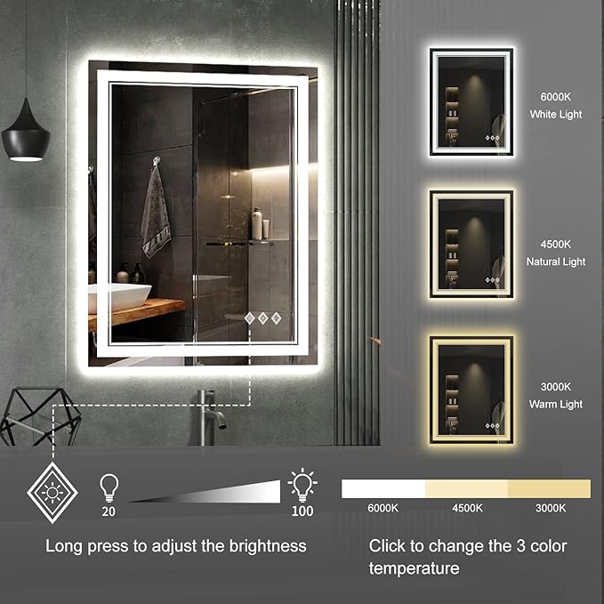 LED Bathroom Mirror, 24x32 Inch Gradient Front and Backlit LED Mirror for Bathroom, 3 Colors Dimmable CRI>90 Double Lights, IP54 Enhanced Anti-Fog, Hanging Plates Lighted Vanity Mirror