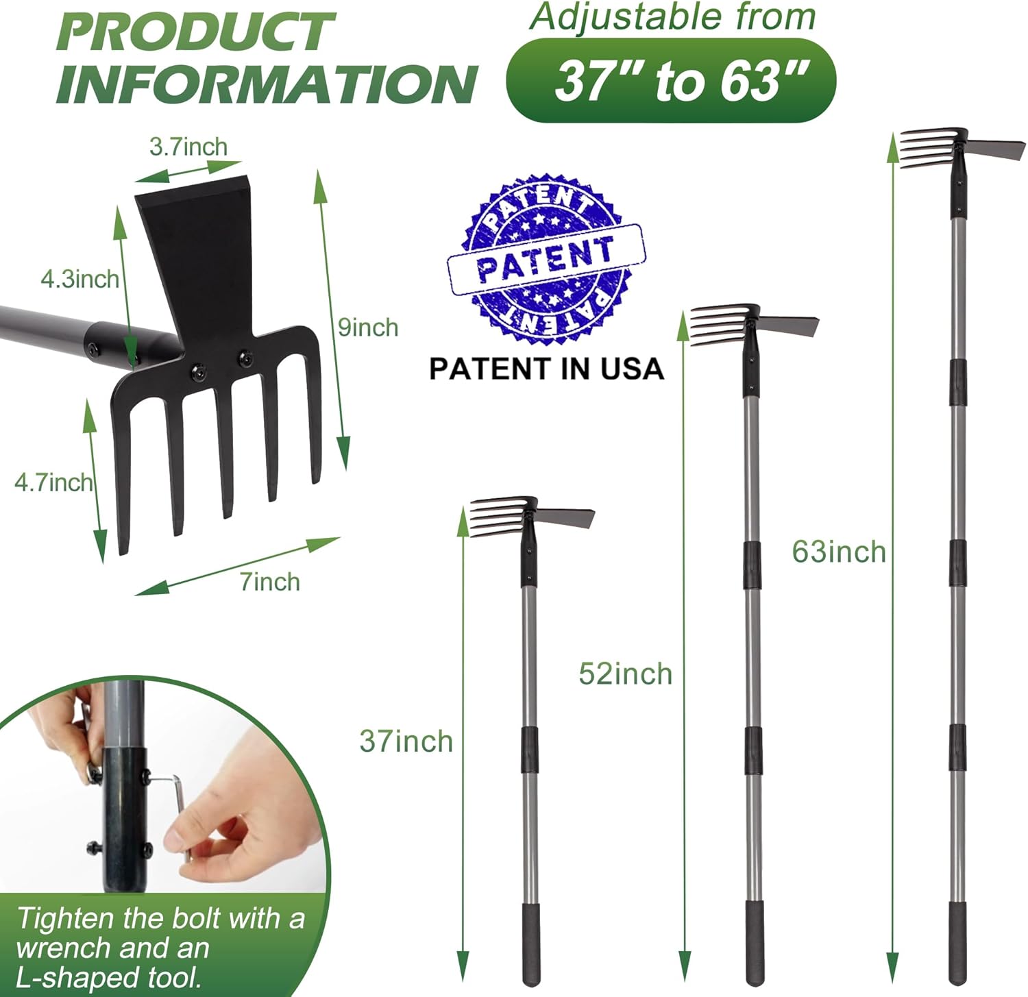 2 in 1 Hoe Garden Tool, 63 Inch Garden Hoe Cultivator and 5-Tines Rake with 37-63 Inch Adjustable Long Handle