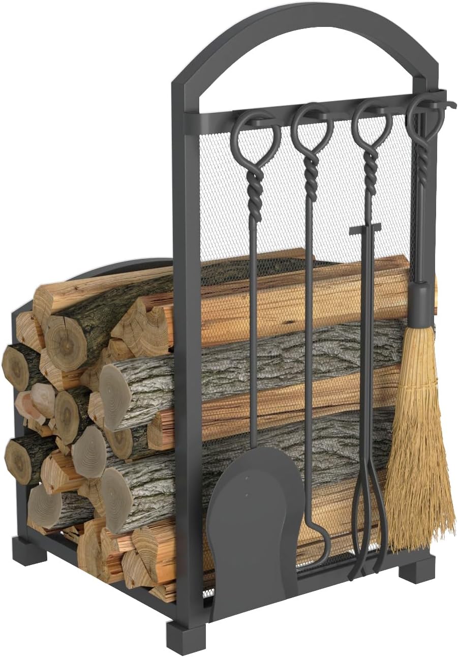 Fireplace Log holder with Fireplace Tools, Wrought Iron Indoor Stove Accessories Firewood Rack Holder Lumber Storage Stacking Log Holder