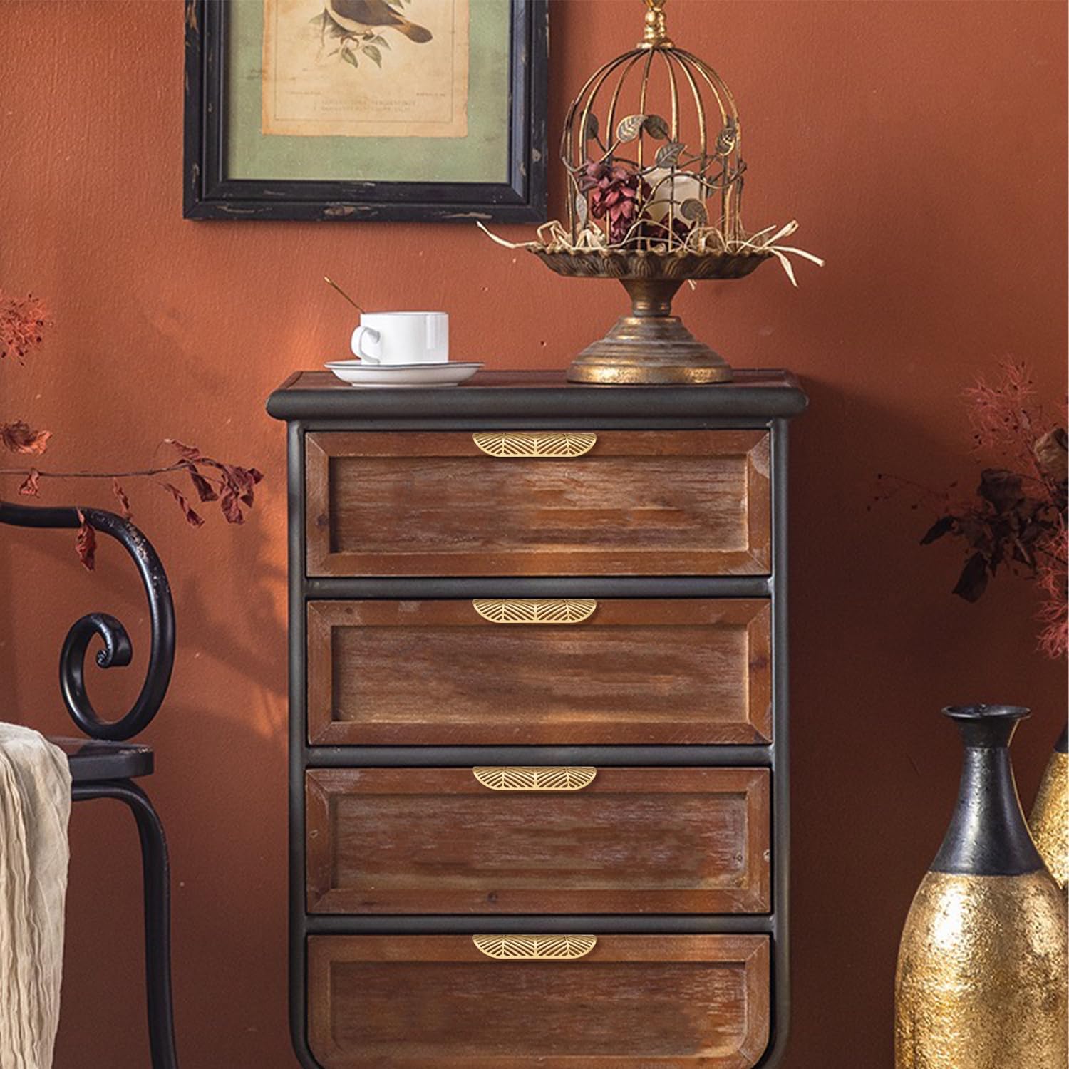 Solid Brass Cabinet Handles Brushed Gold Leaf Knobs and Pulls for Dresser Drawer Handles Edge Pulls,4-5/8"(117mm) Overall Length,4Pcs