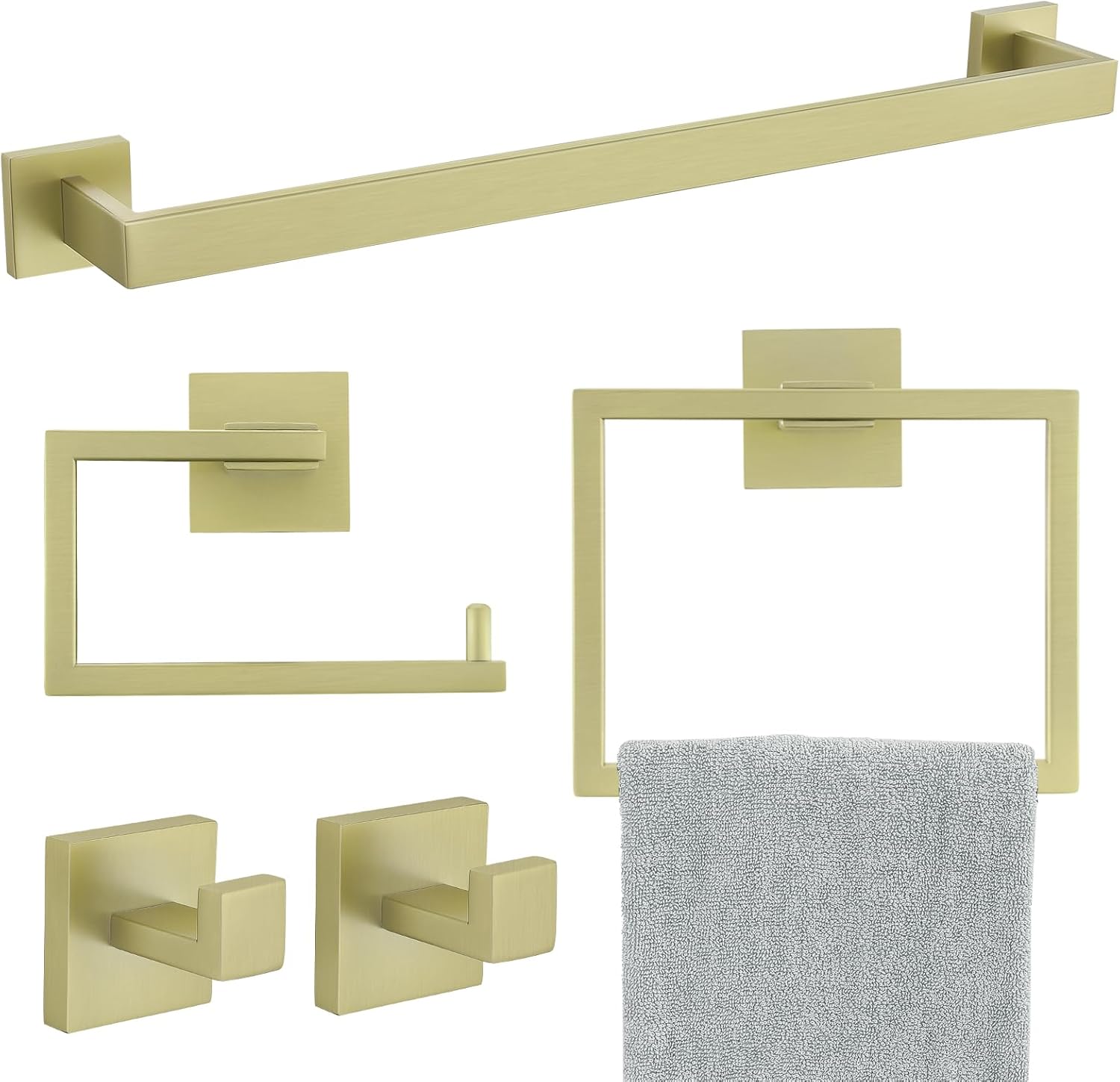 5 Piece Towel Holder for Bathroom Wall, Brushed Gold Bathroom Accessories Set Bathroom Hardware Set, Square SUS304 Stainless Steel 23.6 inch Bath Towel Bar Set, Bath Towel Holder Mounted