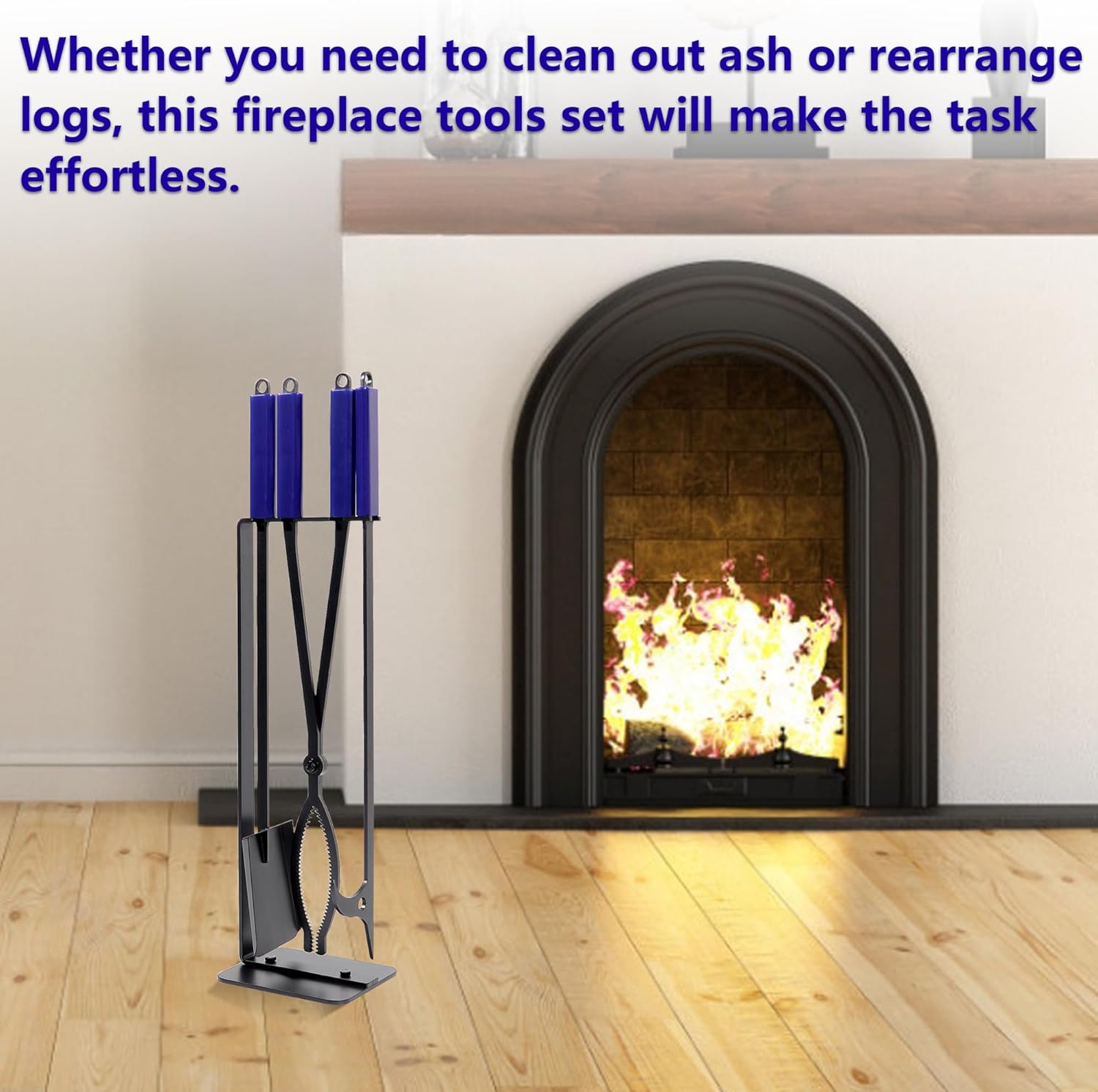 Fireplace Tools Set Indoor, 28" Fire Poker Fire Tongs and Shovel, Wrought Iron Firewood Tongs with Metal Stand and Rubber Handle