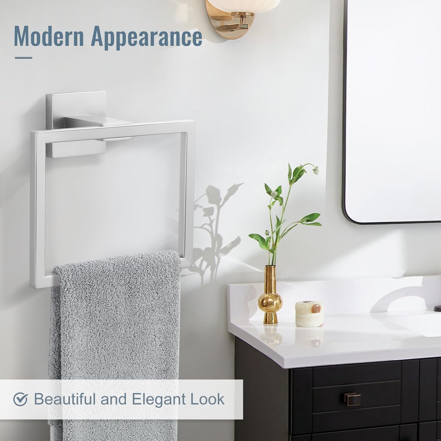 Towel Holder Bathroom Towel Ring, Brushed Nickel Hand Towel Bar, Stainless Steel Towel Rack Wall Mounted, Square Towel Hanger for Kitchen Lavatory