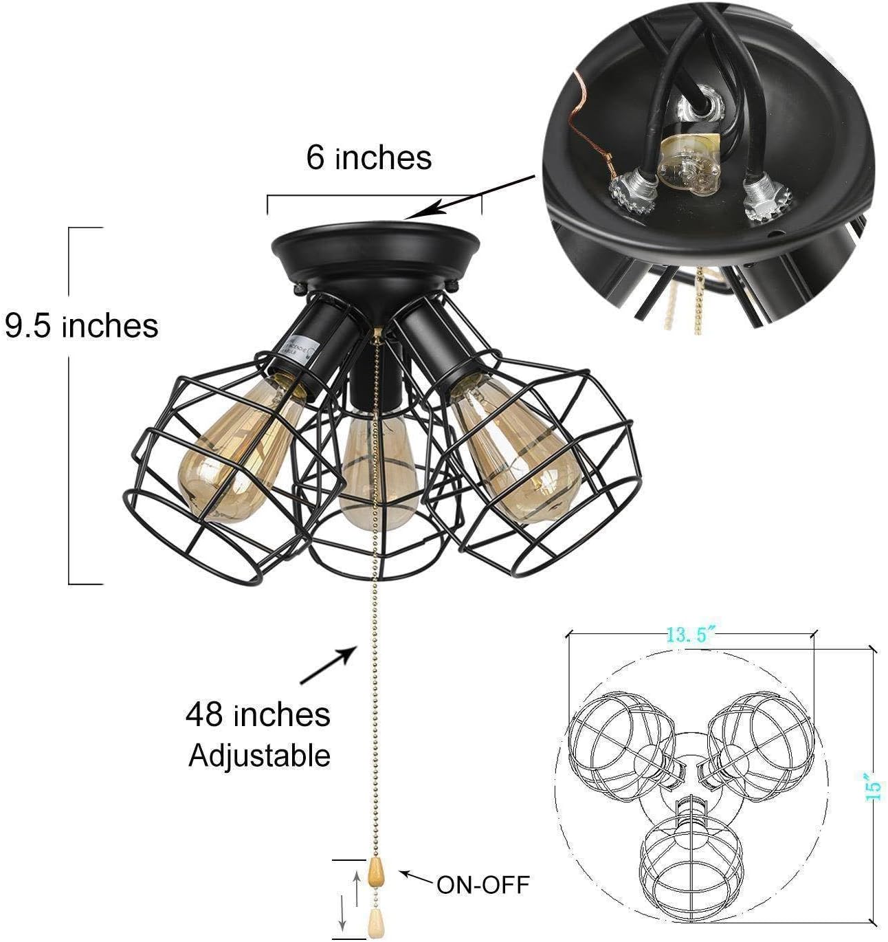 Farmhouse Semi Flush Mount Ceiling Light Fixture, Black Industrial 3-Light Cage Ceiling Light Fixture with Pull Chain