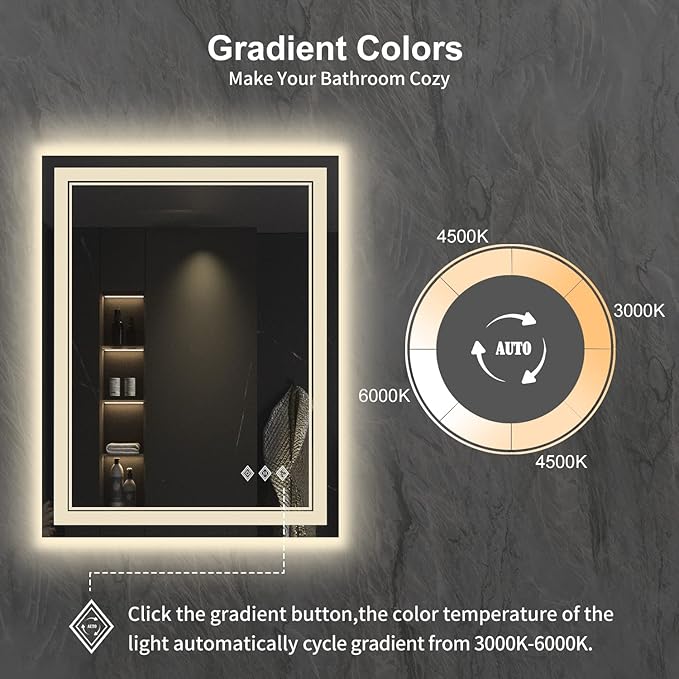 LED Bathroom Mirror, 24x32 Inch Gradient Front and Backlit LED Mirror for Bathroom, 3 Colors Dimmable CRI>90 Double Lights, IP54 Enhanced Anti-Fog, Hanging Plates Lighted Vanity Mirror