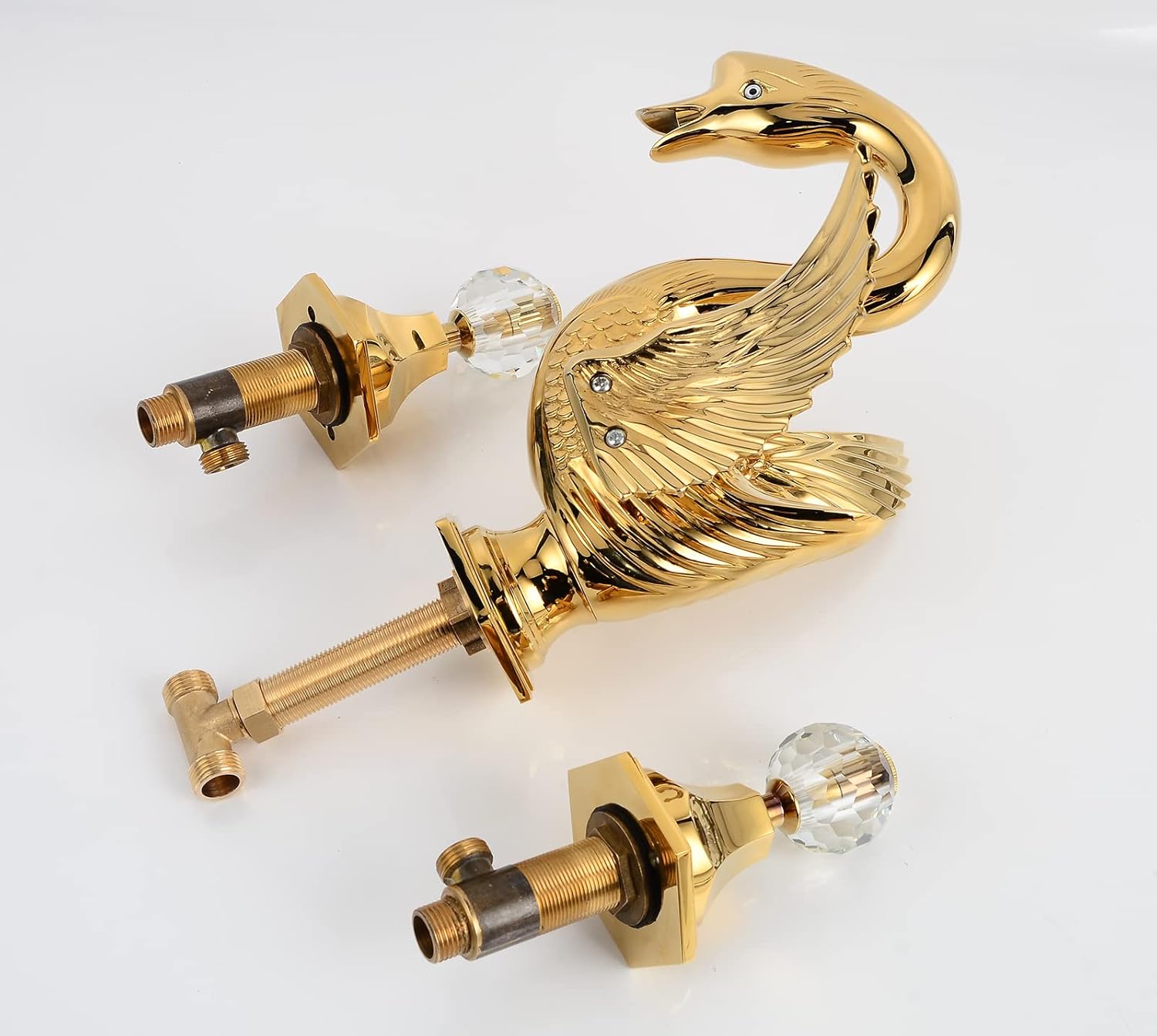 Widespread Bathroom Faucet Swan Design Gold Two Handles 3 Holes 8-16 Inch Bathroom Sink Faucet Lavatory Mixer Tap with Water Supply Hose Deck Mount Bathtub
