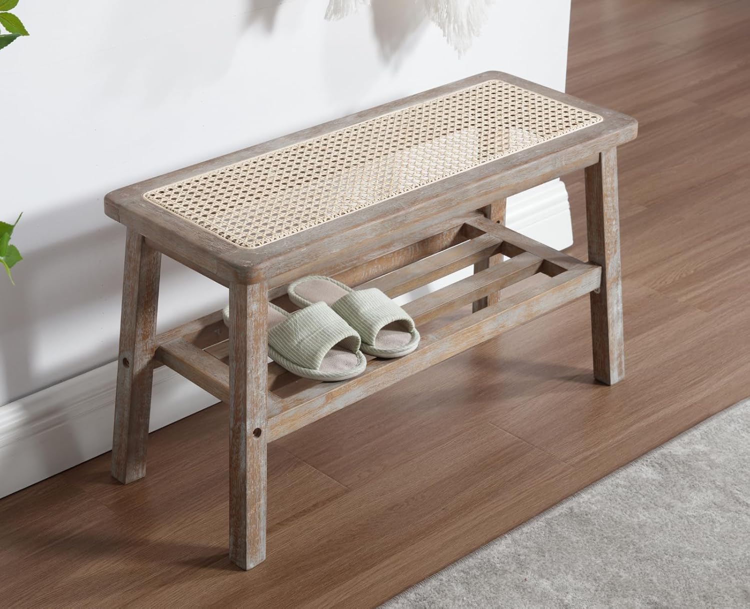 Rattan Entryway Bench with Storage Wood Shoe Rack Bench Farmhouse 2 Tier Storage Shoe Bench Mid Century Small Window Bench with Cane Seat