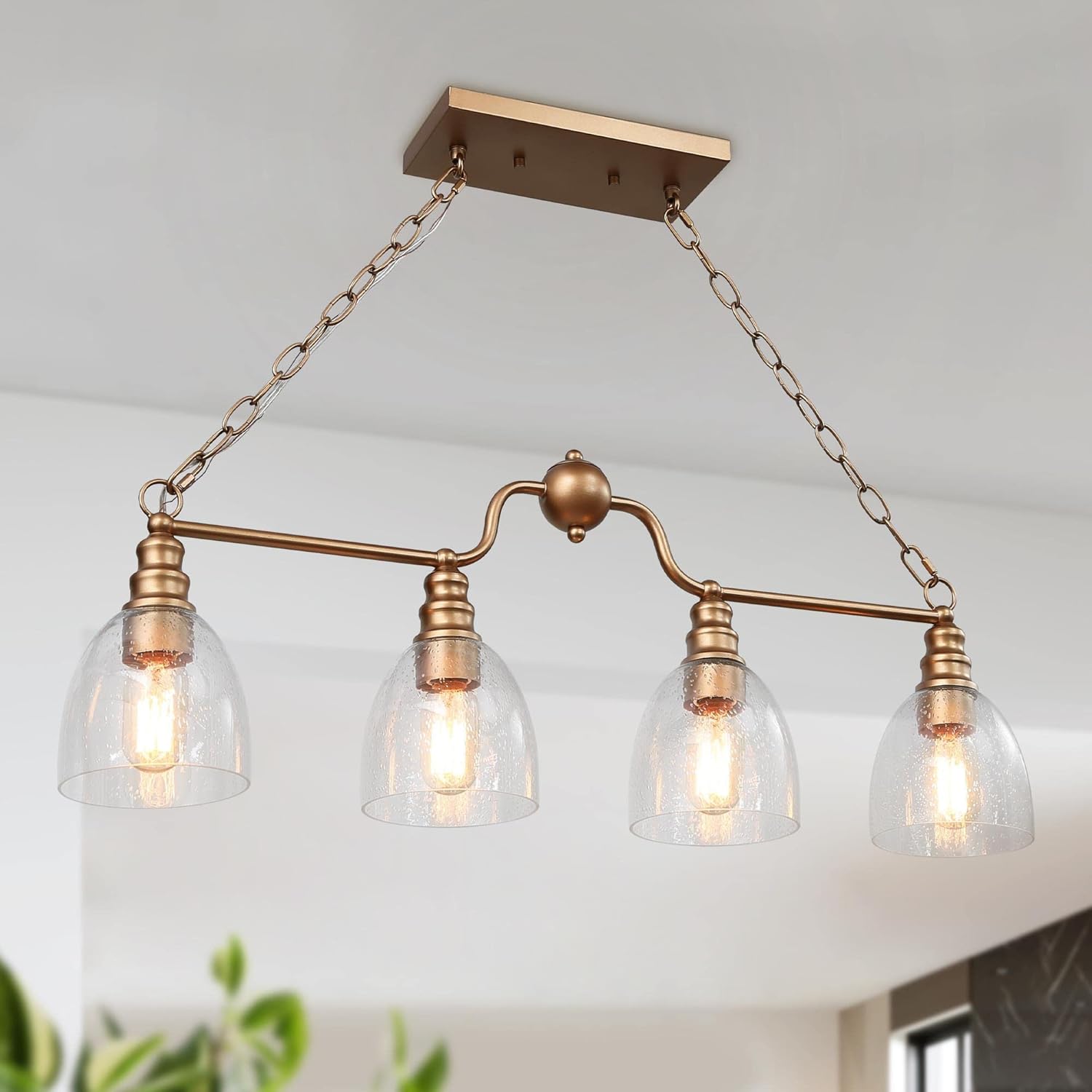Dining Room Light Fixture Hanging with Seeded Glass Shades and Imitation Electroplated Copper Craft for Kitchen Island