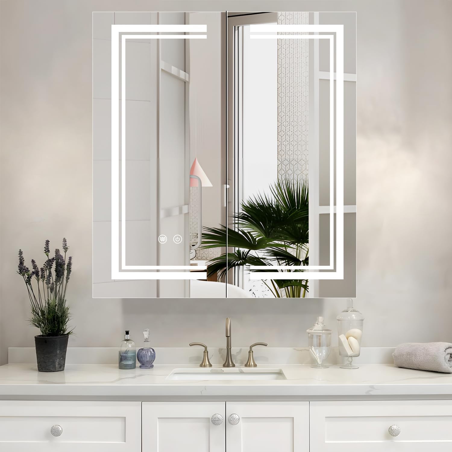 30×32inch Medicine Cabinet with Lights,Lighted Medicine Cabinet,3 Colors&Dimmable,Demister,Internal Light,USB Shaver Socket,Resisitent to Corrosion