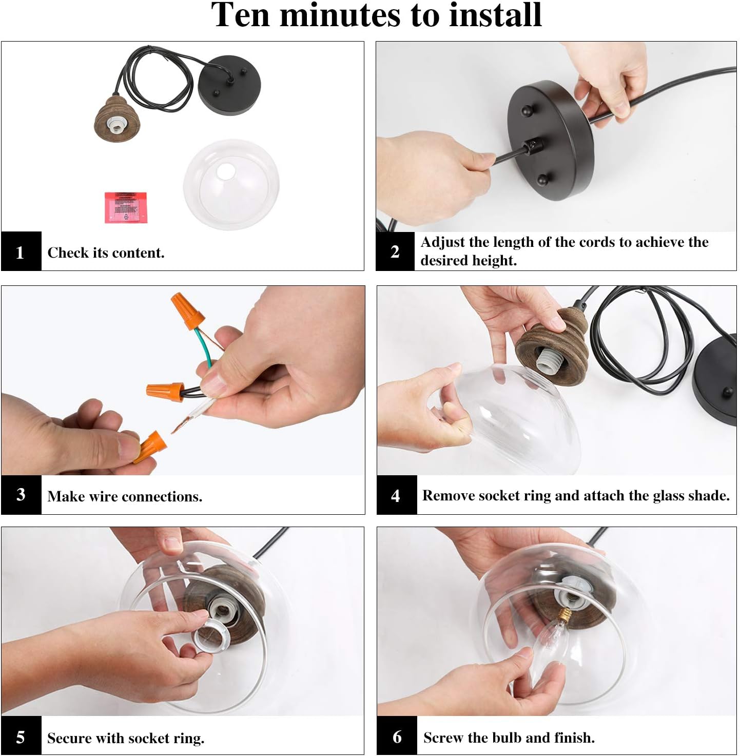 Farmhouse Pendant Lighting Fixture with Wood and Clear Glass for Kitchen Island, Entryway, Foyer, Bedroom, Dining & Living Room